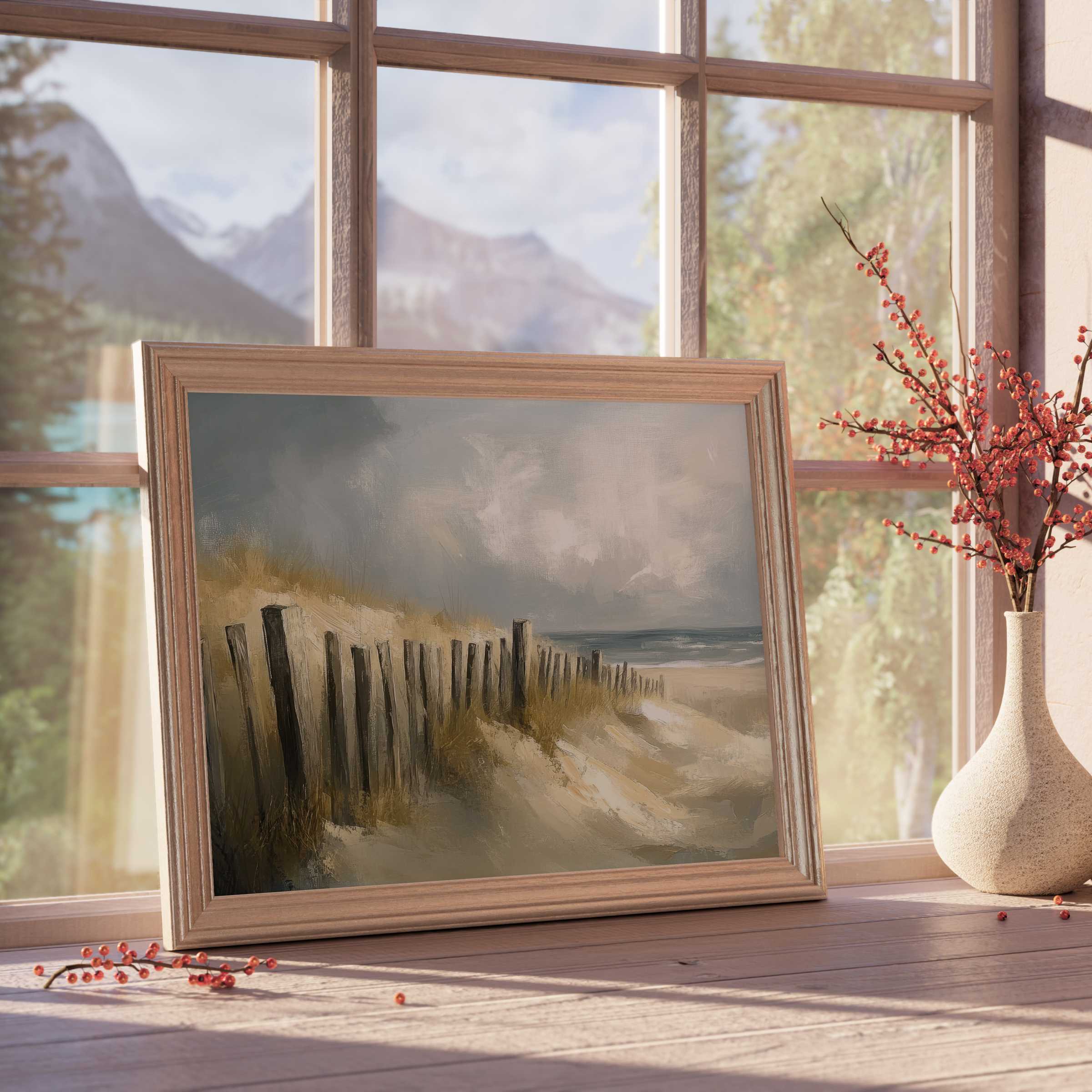 Serene beach downloadable art capturing windswept dunes and rustic fencing, perfect for curated, tranquil modern interiors