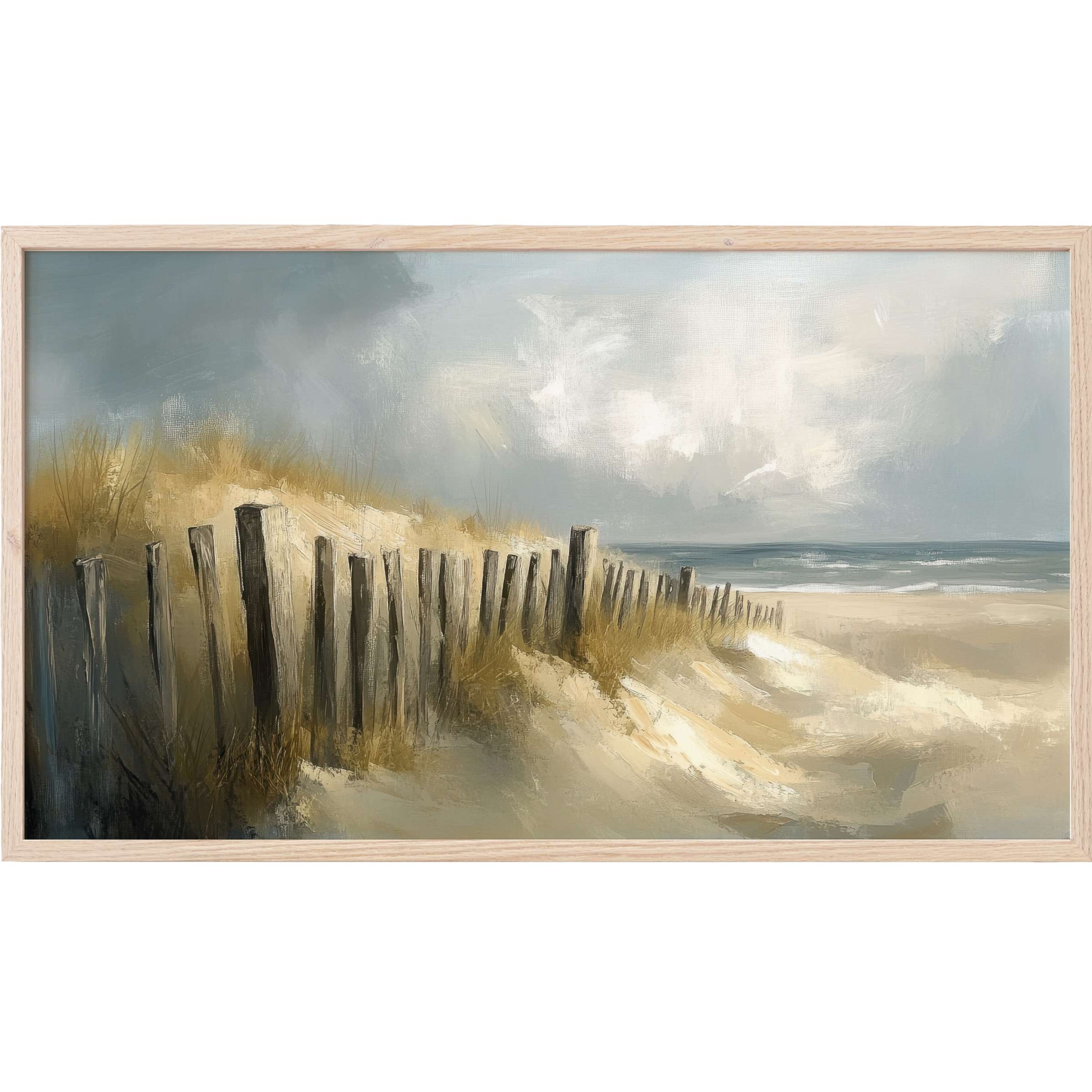 Serene coastal scene with weathered fence, soft sands, muted blues and golds in elegant beach Frame TV Art