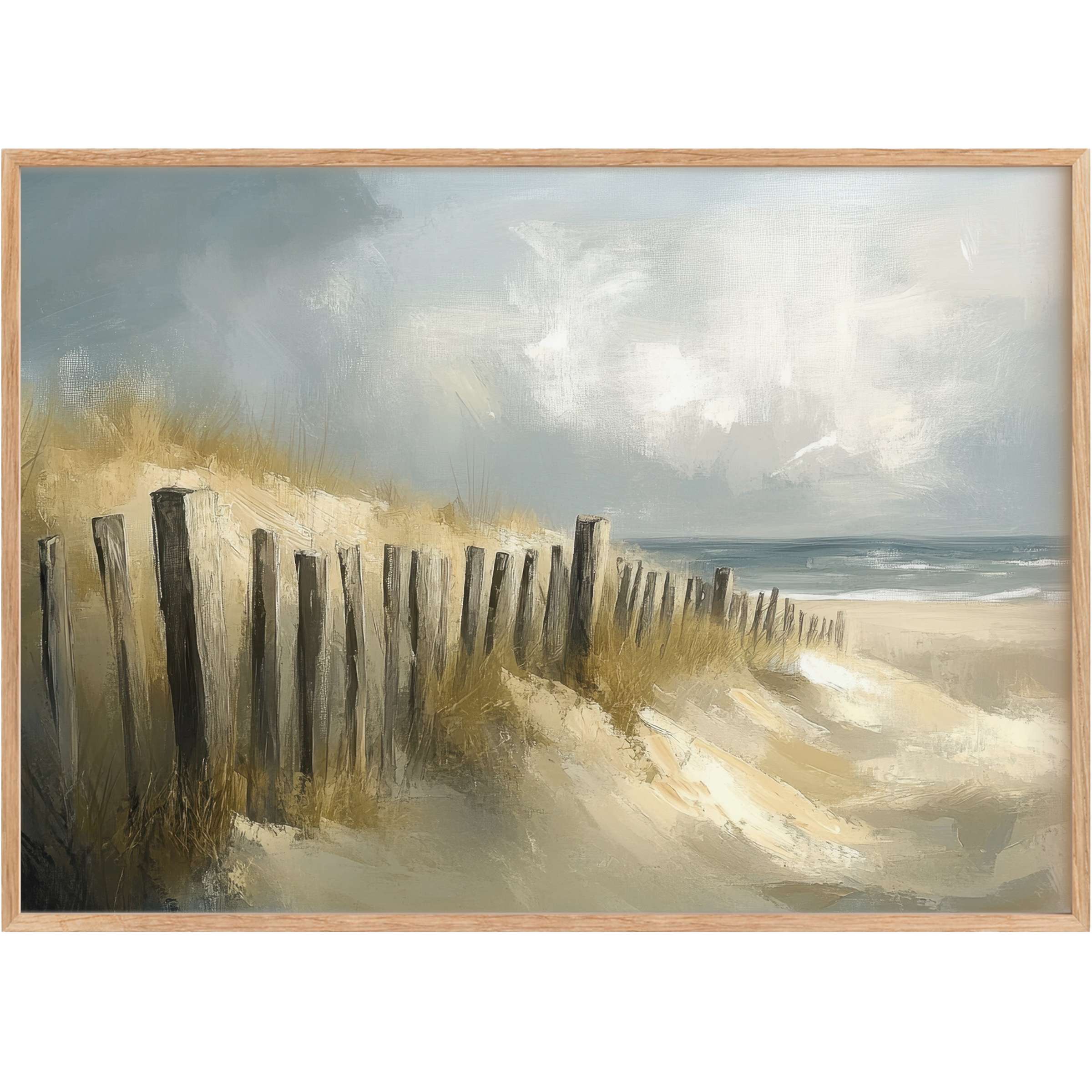 Serene beach printable wall art captures coastal dunes with warm beige sands and moody slate skies, evoking tranquil coastal elegance