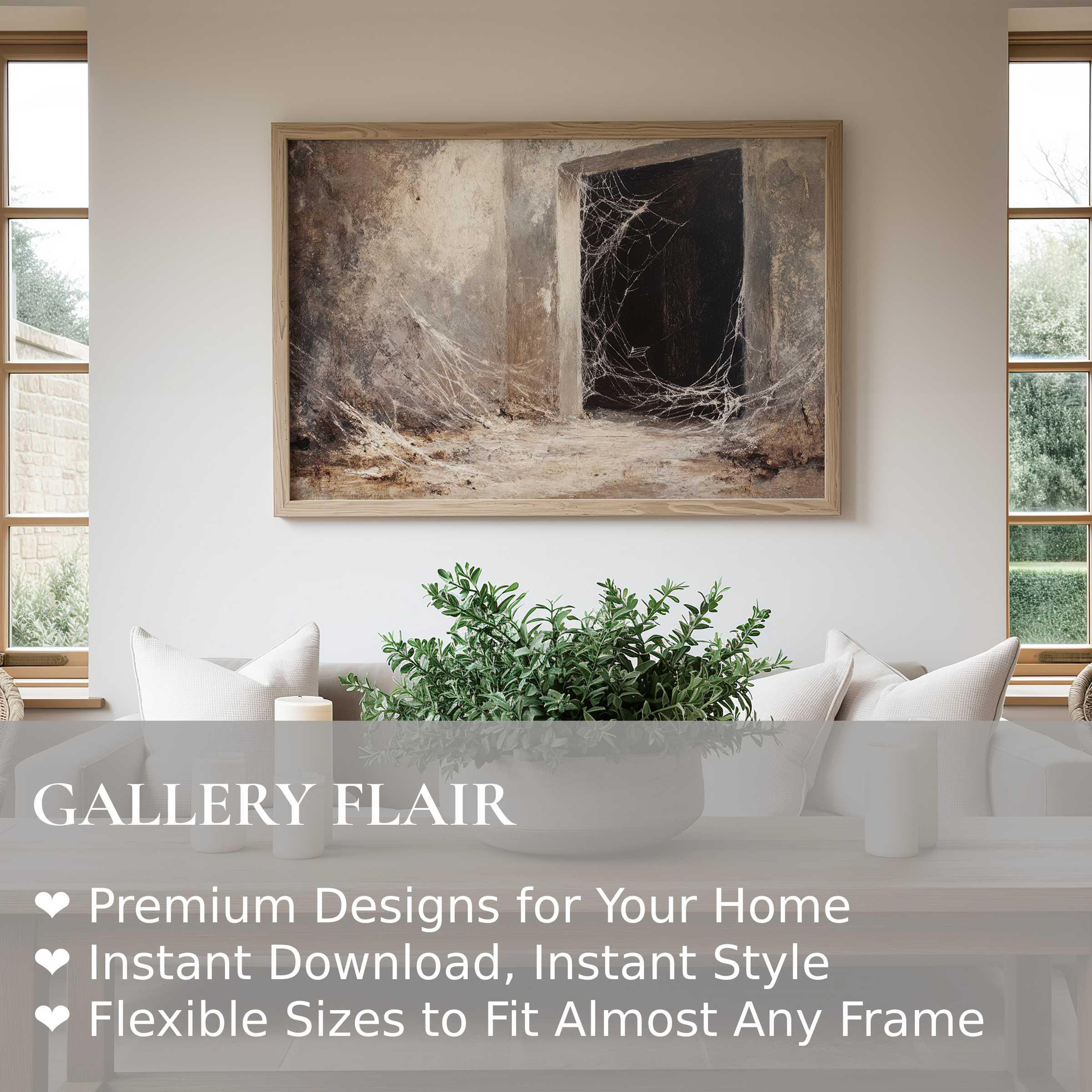 Haunting halloween wall art print with ethereal cobweb textures, adding bold, rustic charm to a serene modern farmhouse living room