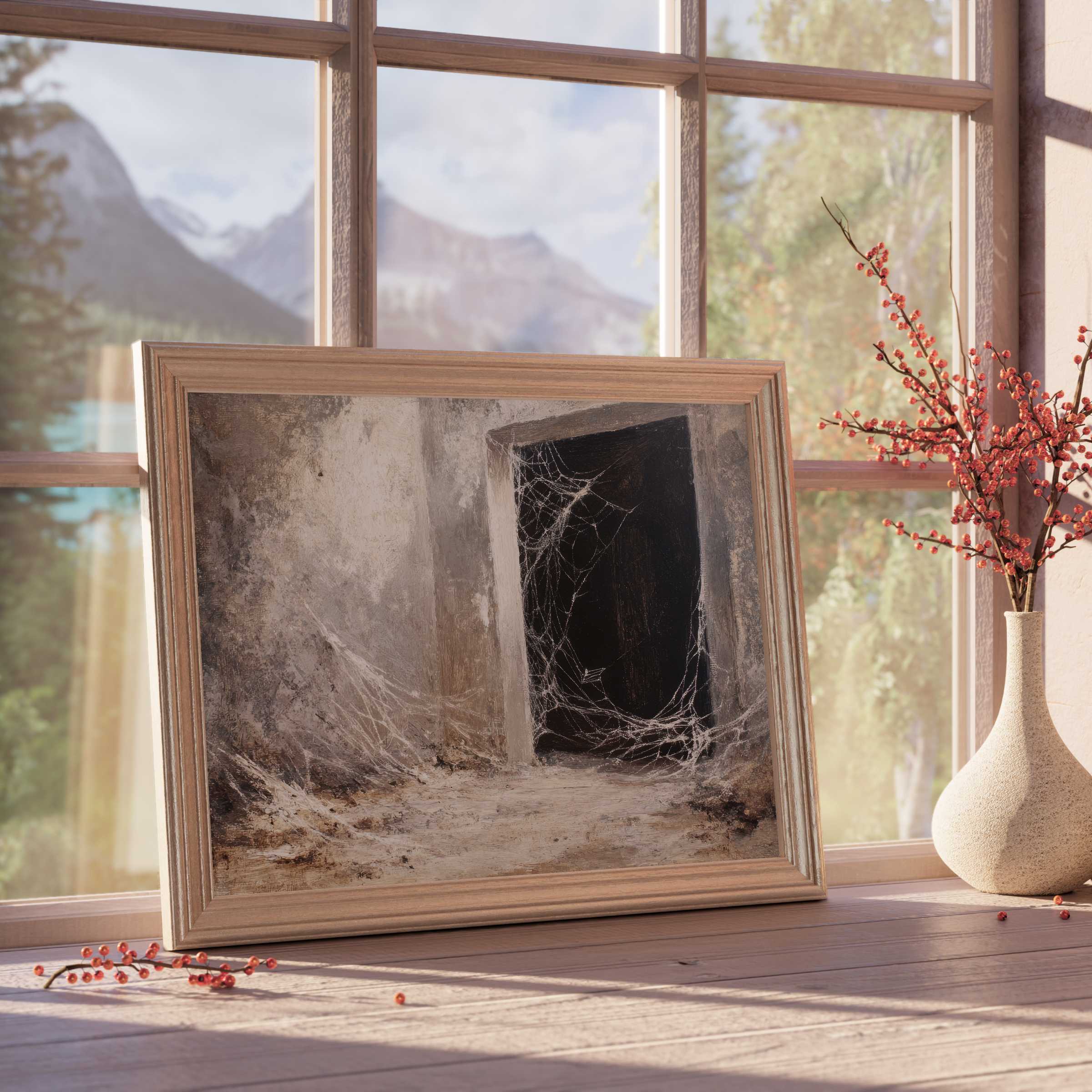 Hauntingly elegant halloween downloadable art with delicate spiderwebs, enriching minimalist interiors with moody, curated autumnal charm