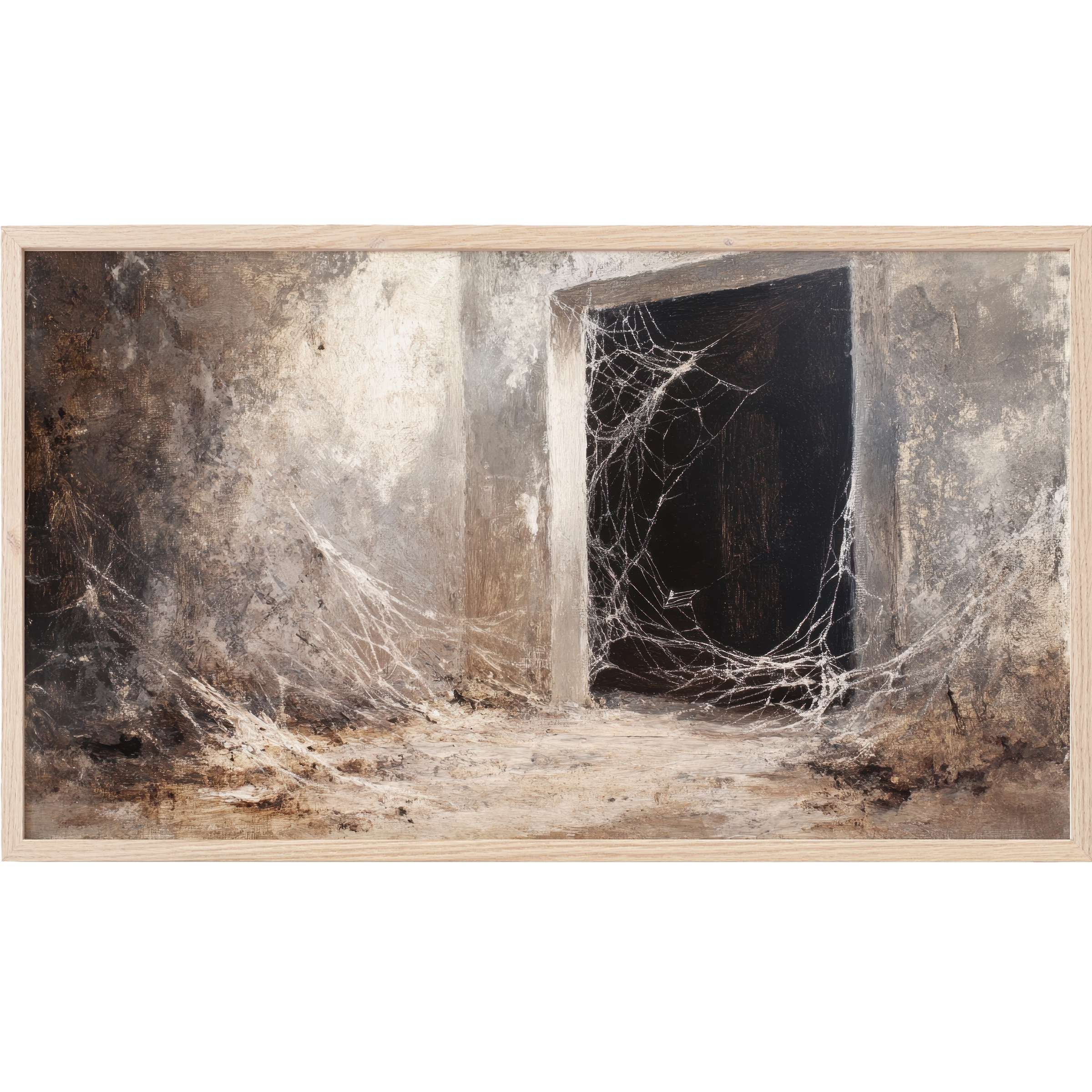 Hauntingly textured gray and brown corridor with delicate cobwebs at the dark doorway, halloween Frame TV Art