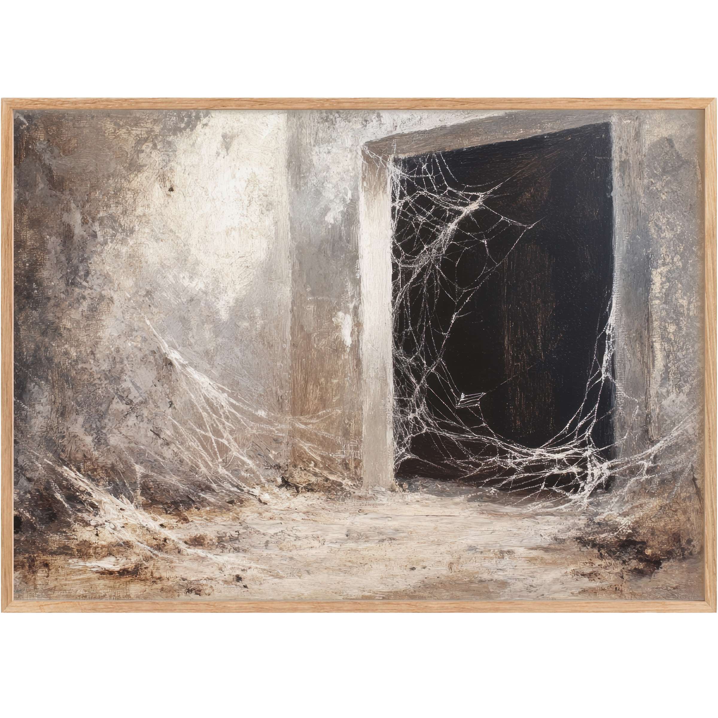 Ethereal halloween printable wall art with delicate white cobwebs against textured grays and deep shadows, evoking a haunting, serene ambiance