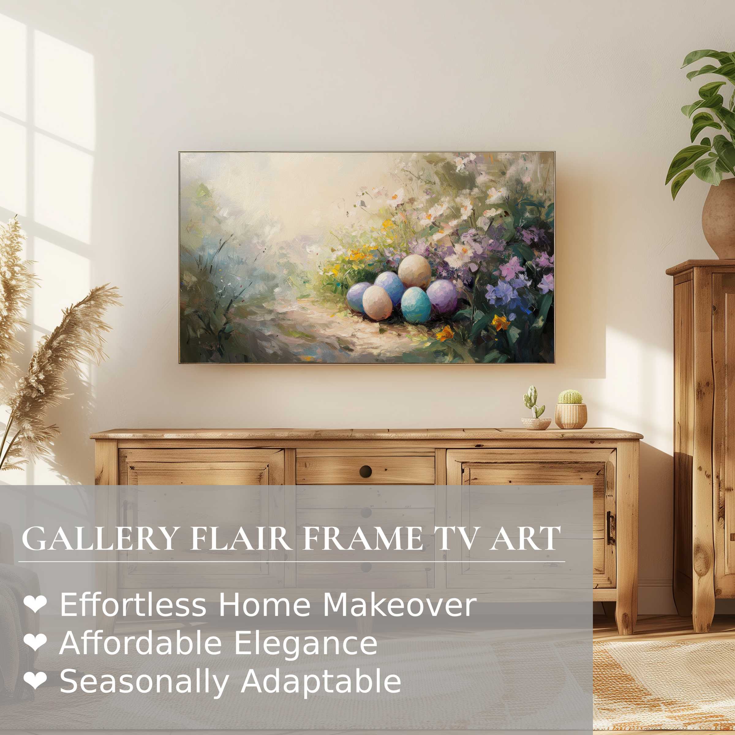 Samsung Frame TV displaying elegant easter digital artwork with pastel eggs amid soft floral setting