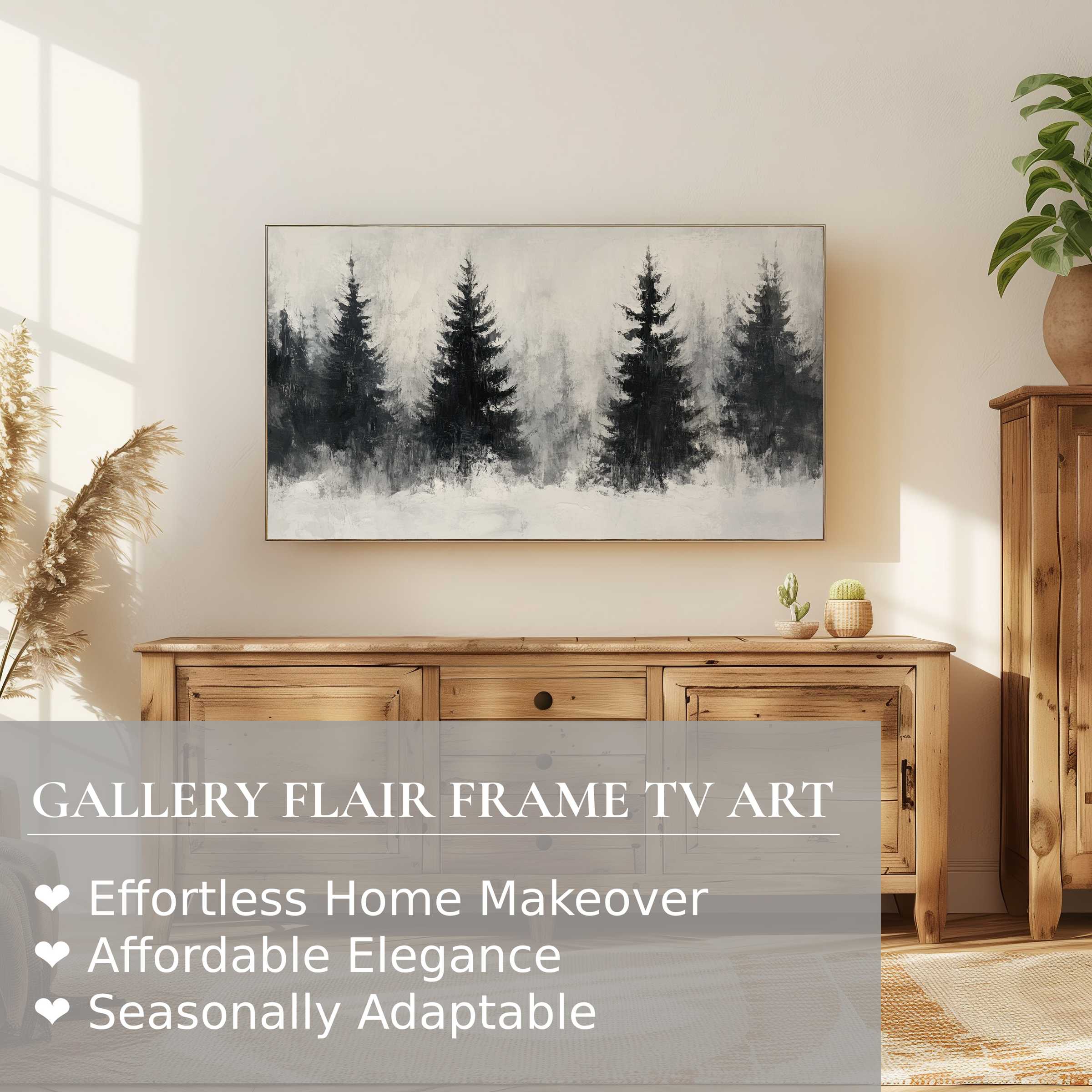 Minimalist tree digital artwork on Samsung Frame TV, harmonizing rustic wood decor and serene, modern ambiance