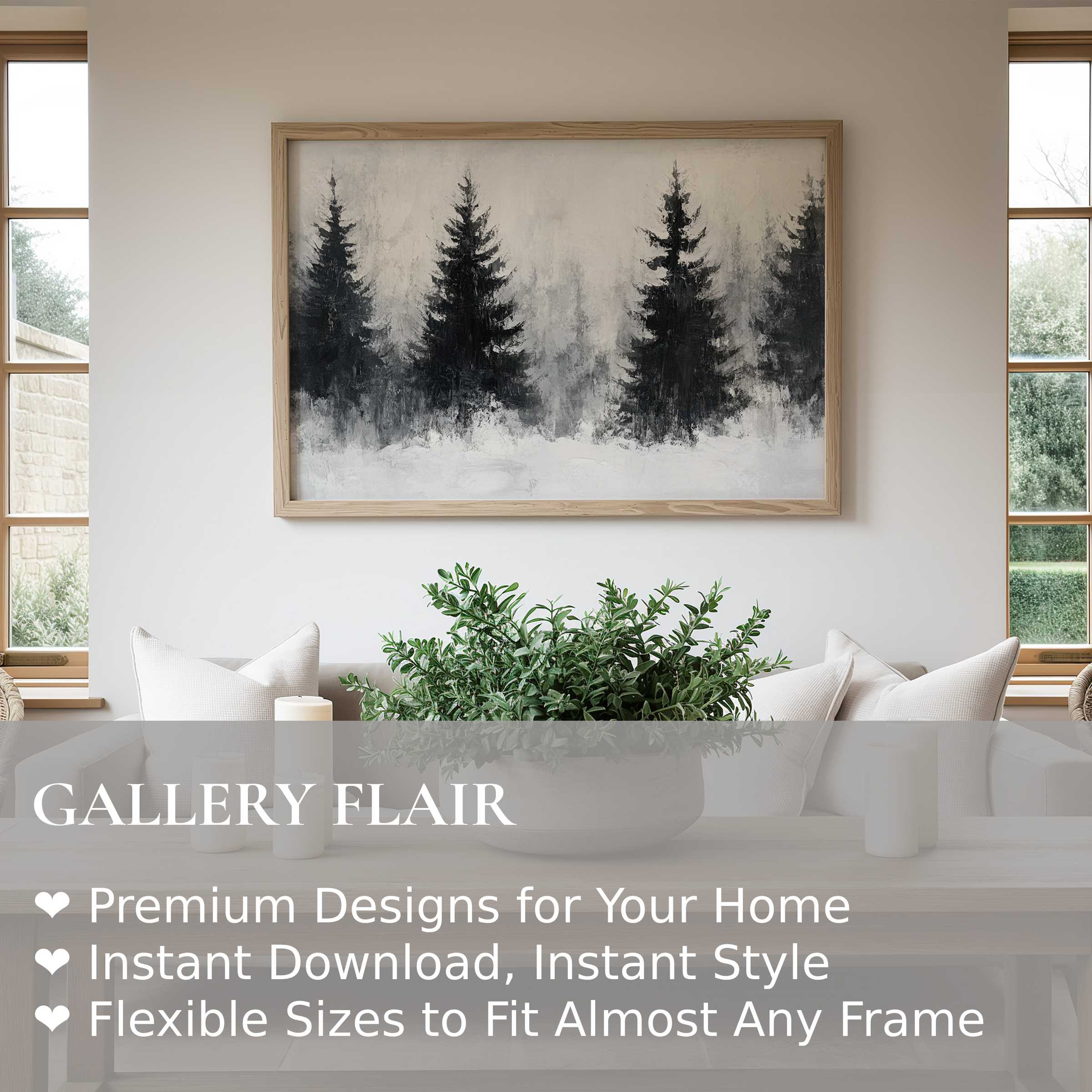Serene tree wall art print with moody pine silhouettes in a modern, minimal living space; adds calming, nature-inspired elegance