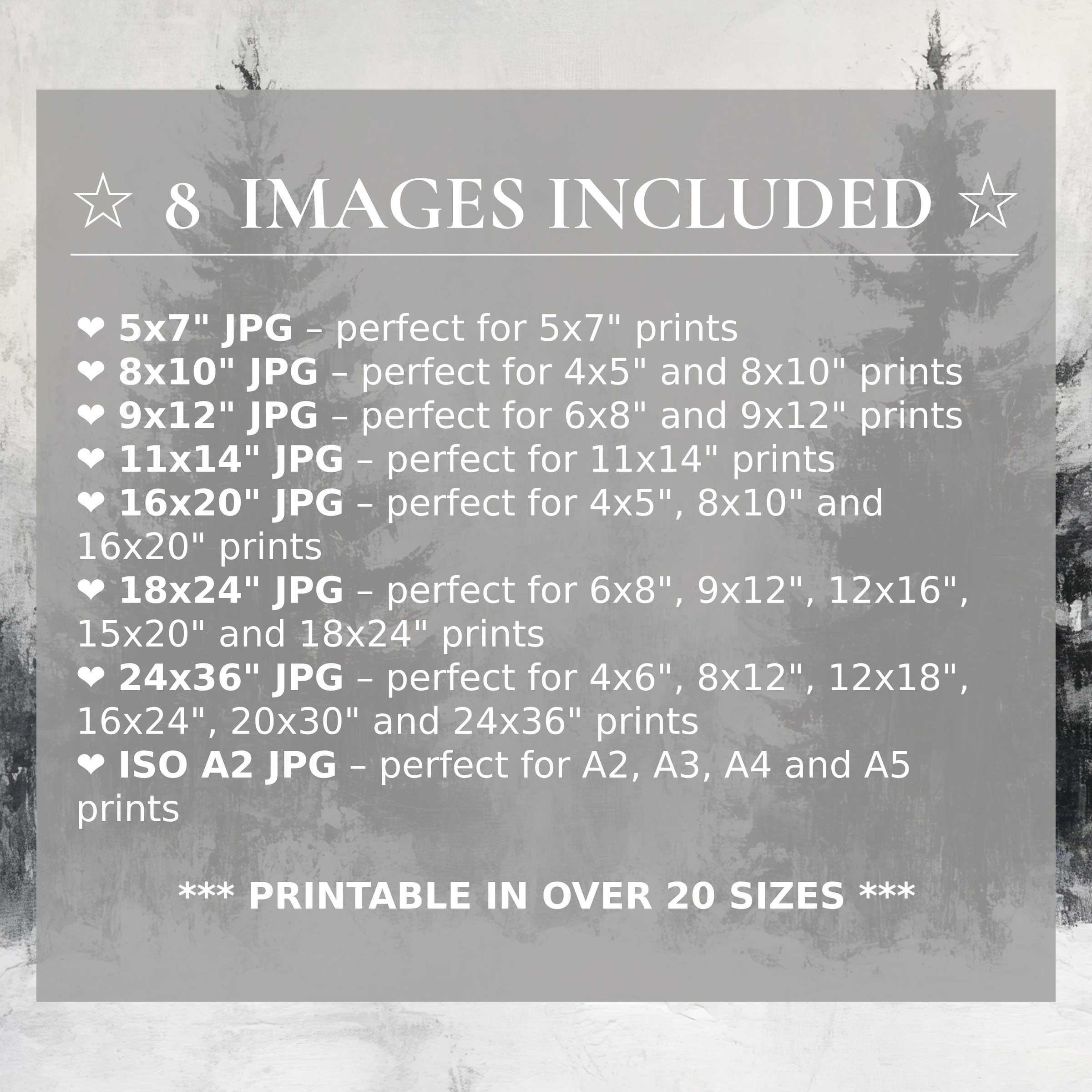 Print size guide showing 8 included JPG formats for versatile wall art printing – perfect for framing in popular sizes from 5x7 to 24x36 and A2