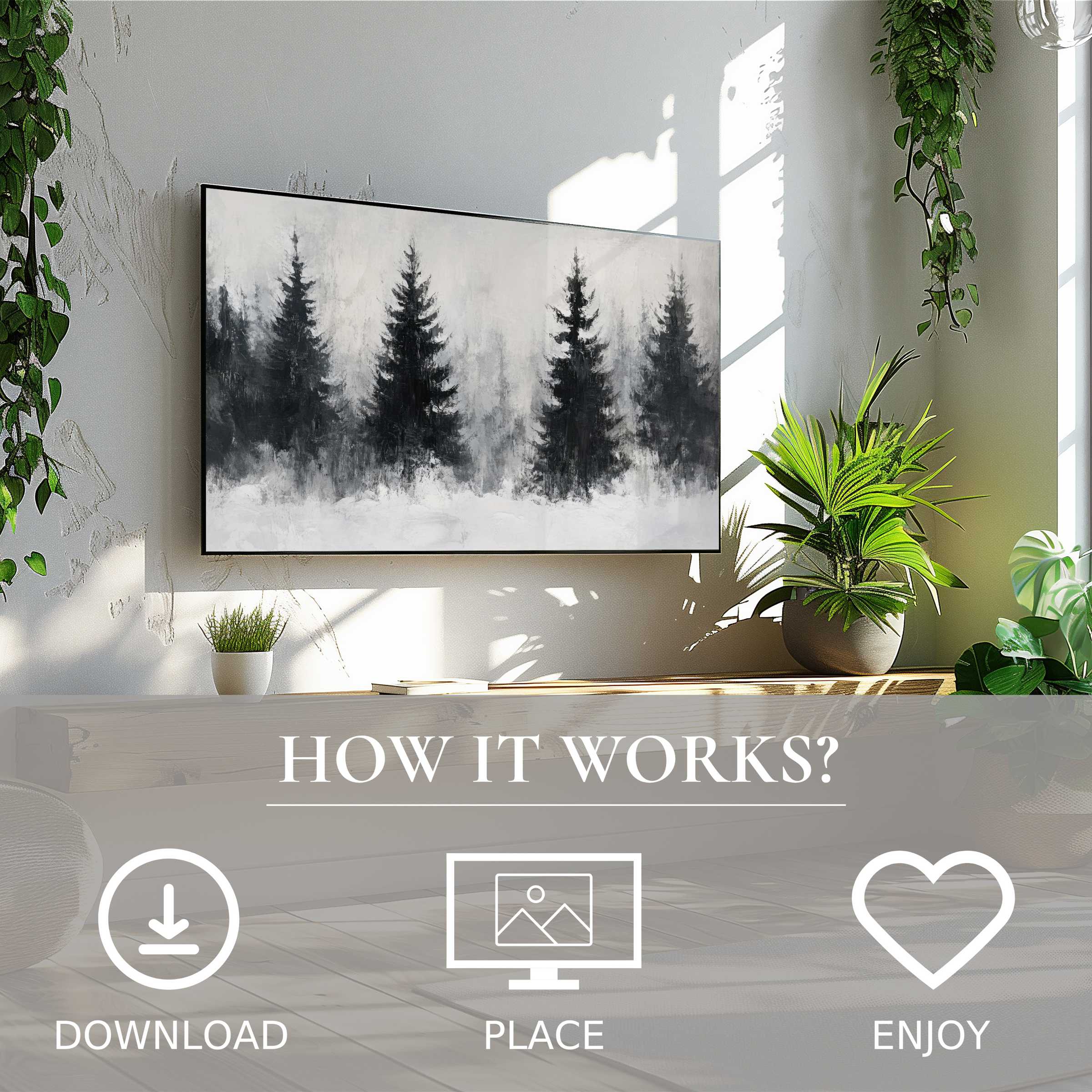 Tree art for Samsung TV shows soft black-and-white pine motif; easy digital download enriches modern living spaces