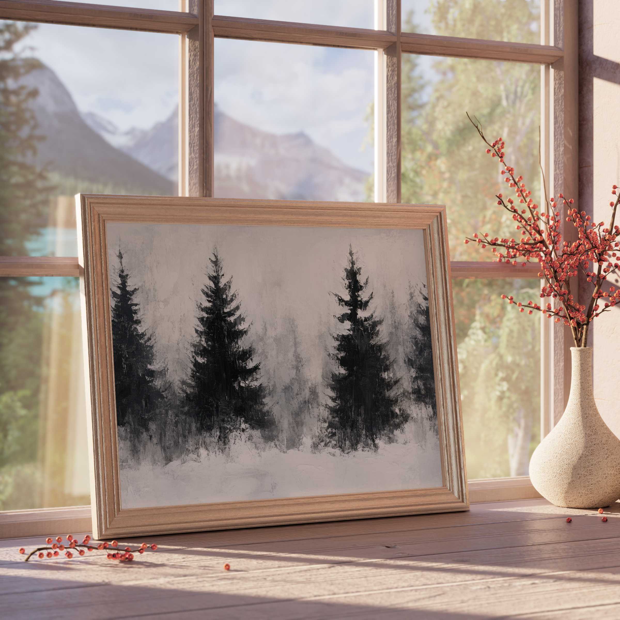 Serene tree downloadable art featuring textured evergreens in muted tones, perfect for elevating tranquil, design-forward interiors