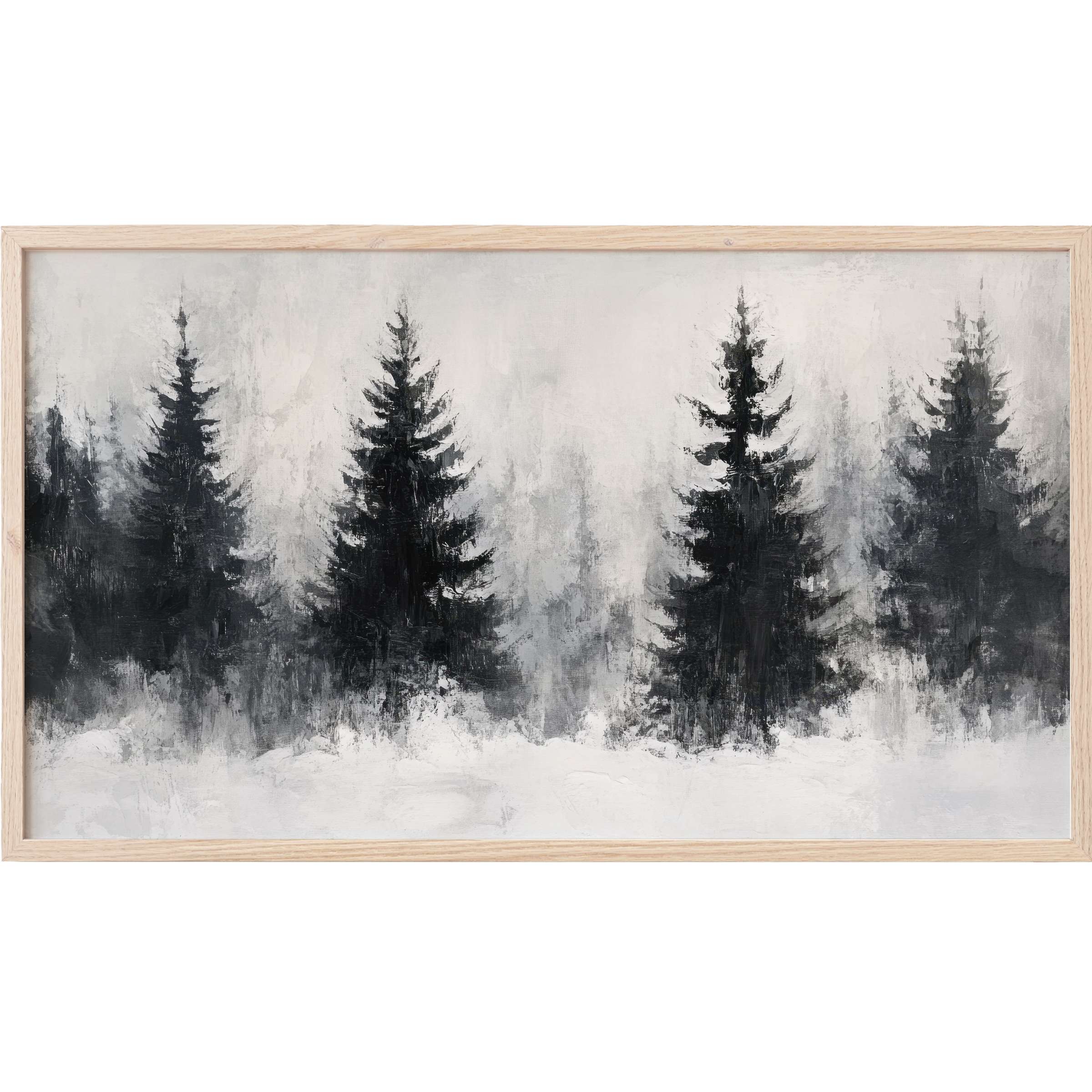 Moody grayscale winter forest painting with soft textures in a light wood frame, perfect tree Frame TV Art