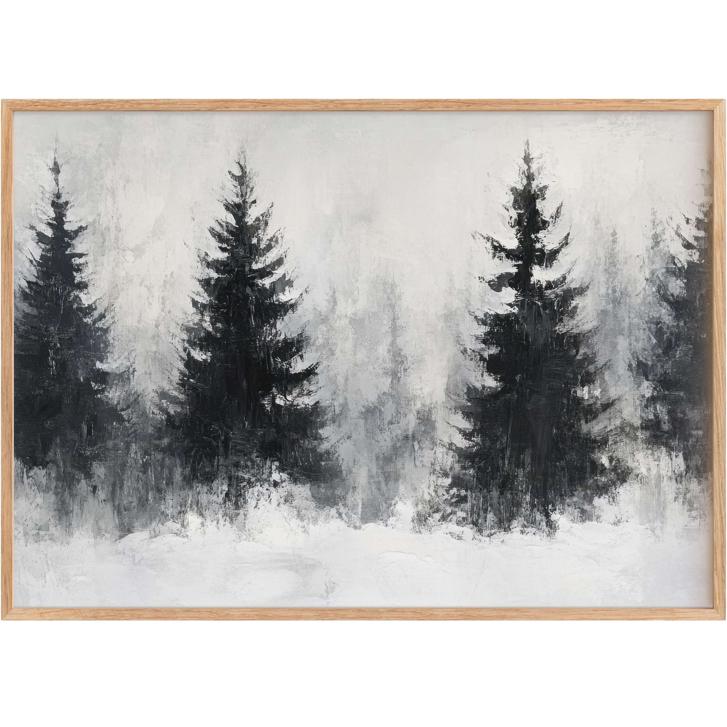 Elegant tree printable wall art capturing serene winter pines in muted grays and blacks, evoking a calming, timeless ambiance