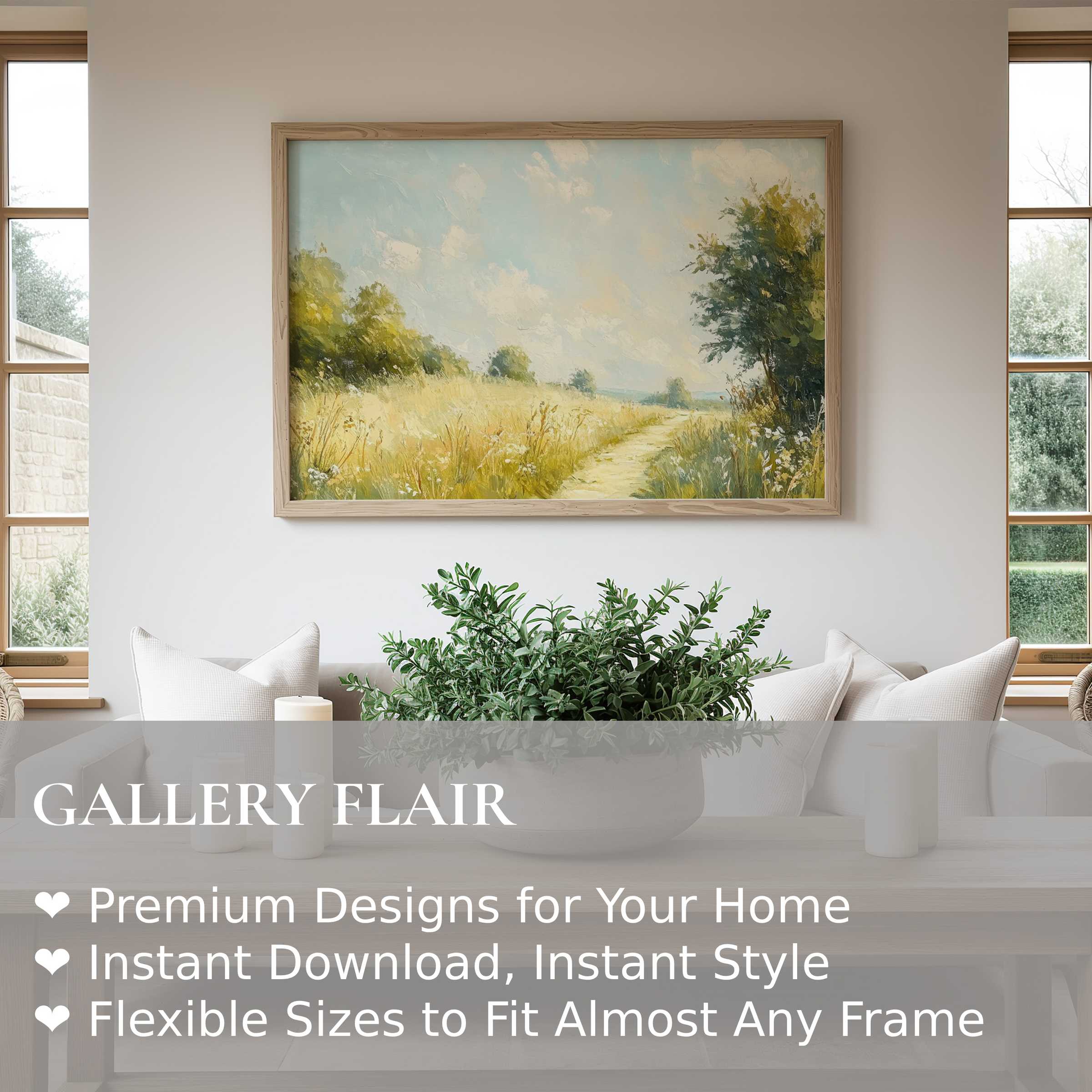 Summer wall art print featuring a radiant countryside path with soft wildflowers, enhancing serene modern farmhouse interiors