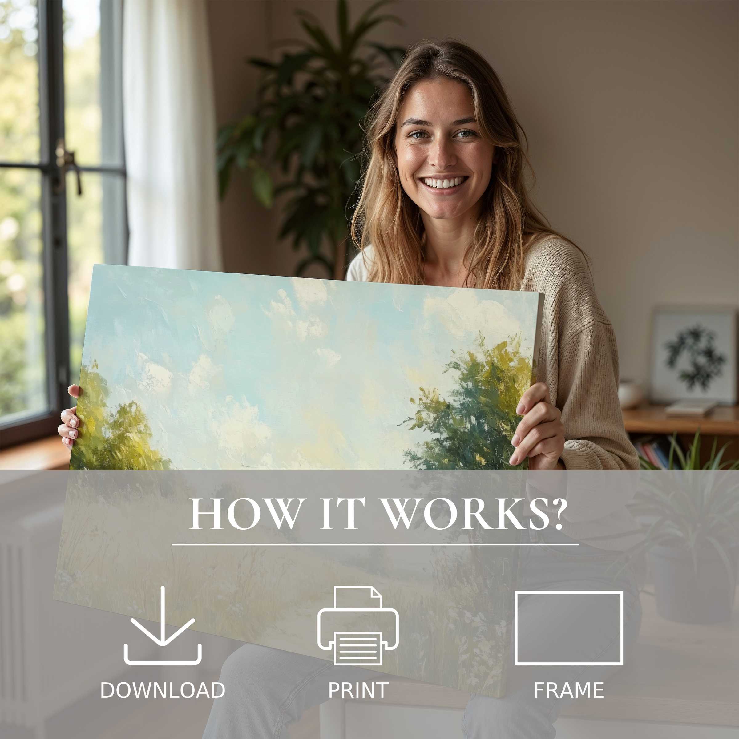 A radiant moment of joy as summer digital art print transforms a modern home with serene sky tones and effortless elegance