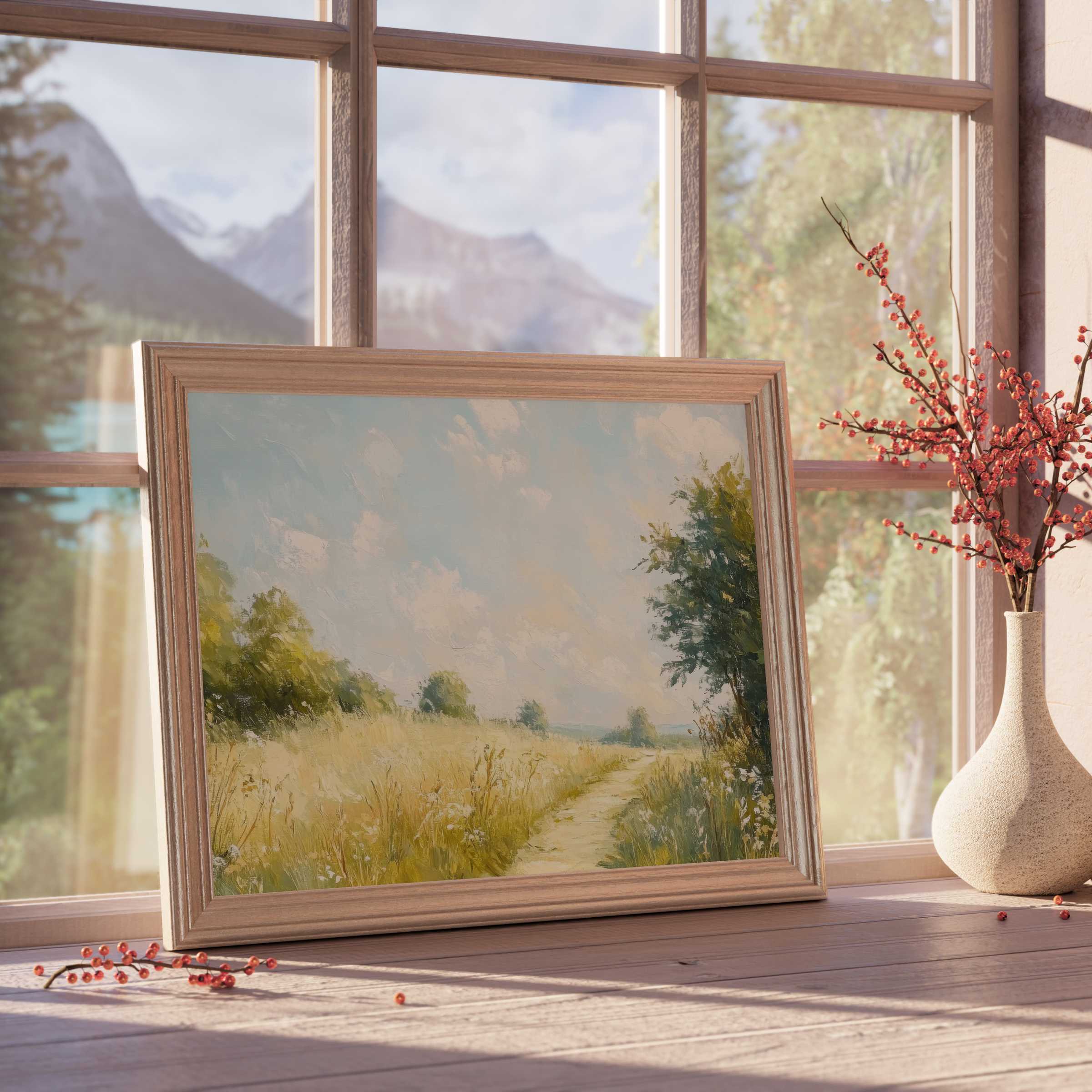 Summer downloadable art capturing a serene sunlit meadow path, elevating curated interiors with tranquil, warm elegance