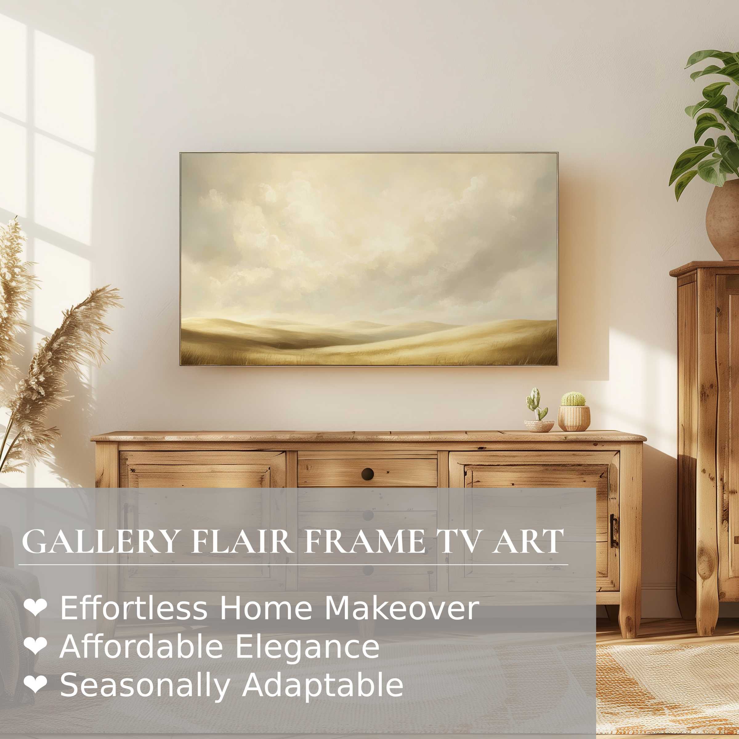 Samsung Frame TV displays serene farmhouse digital artwork in a modern, sunlit rustic living space