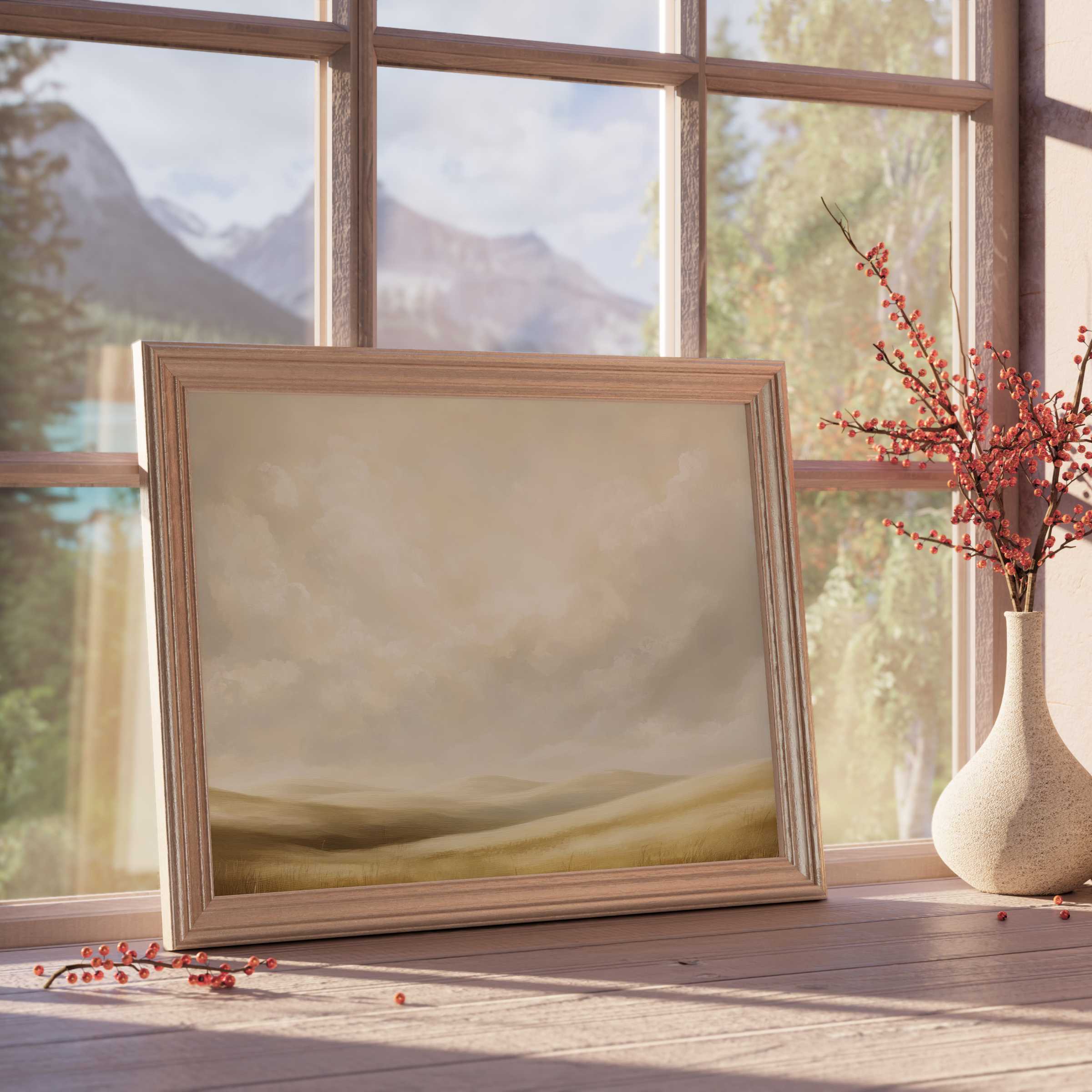 Serene farmhouse downloadable art capturing misty rolling hills in soft neutrals, elevating tranquil, curated interiors with warm rustic charm