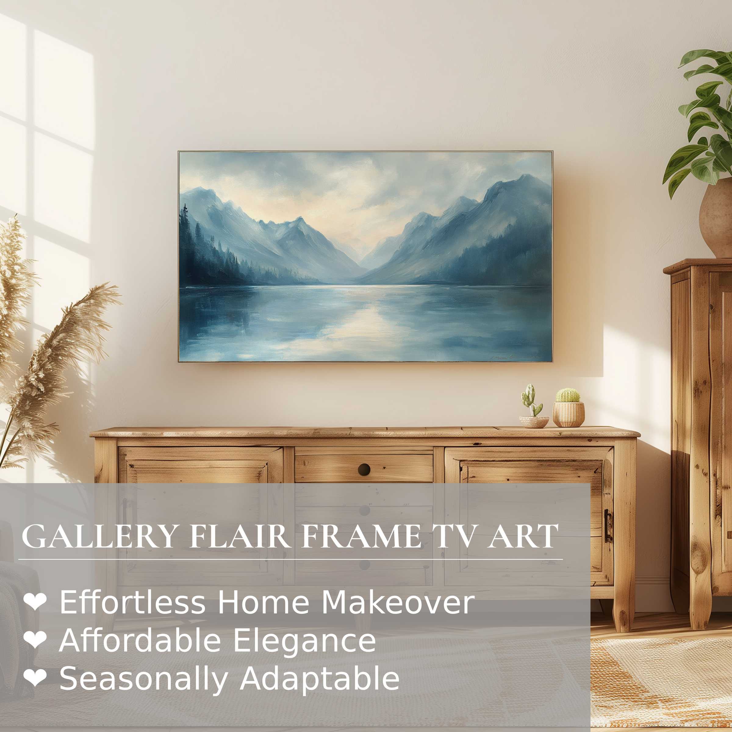 Samsung Frame TV displays serene landscape digital artwork in muted blues, perfect for elegant, modern home decor