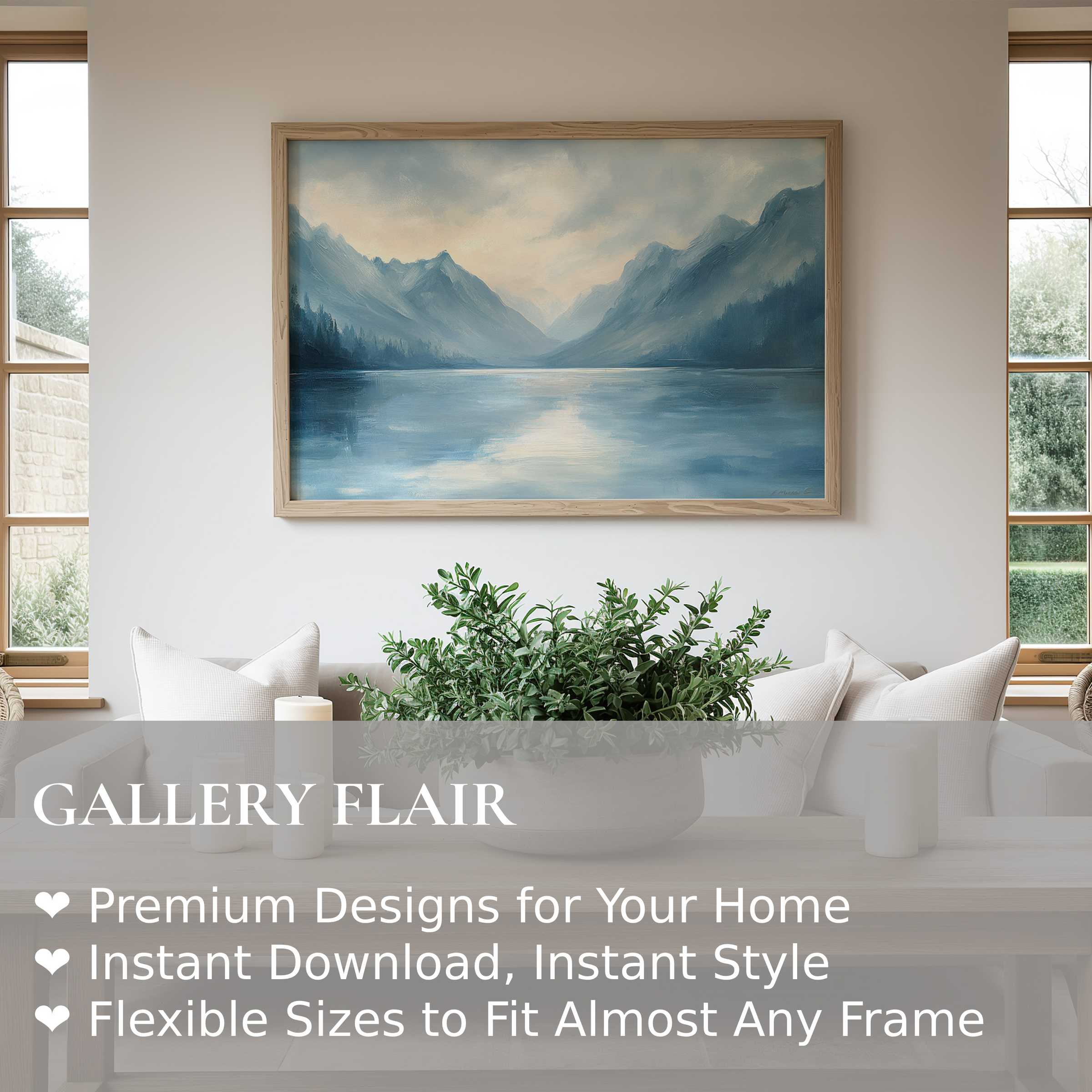 Serene landscape wall art print with misty mountains and calm lake, enhancing modern minimalist interiors with tranquil, elegant ambiance