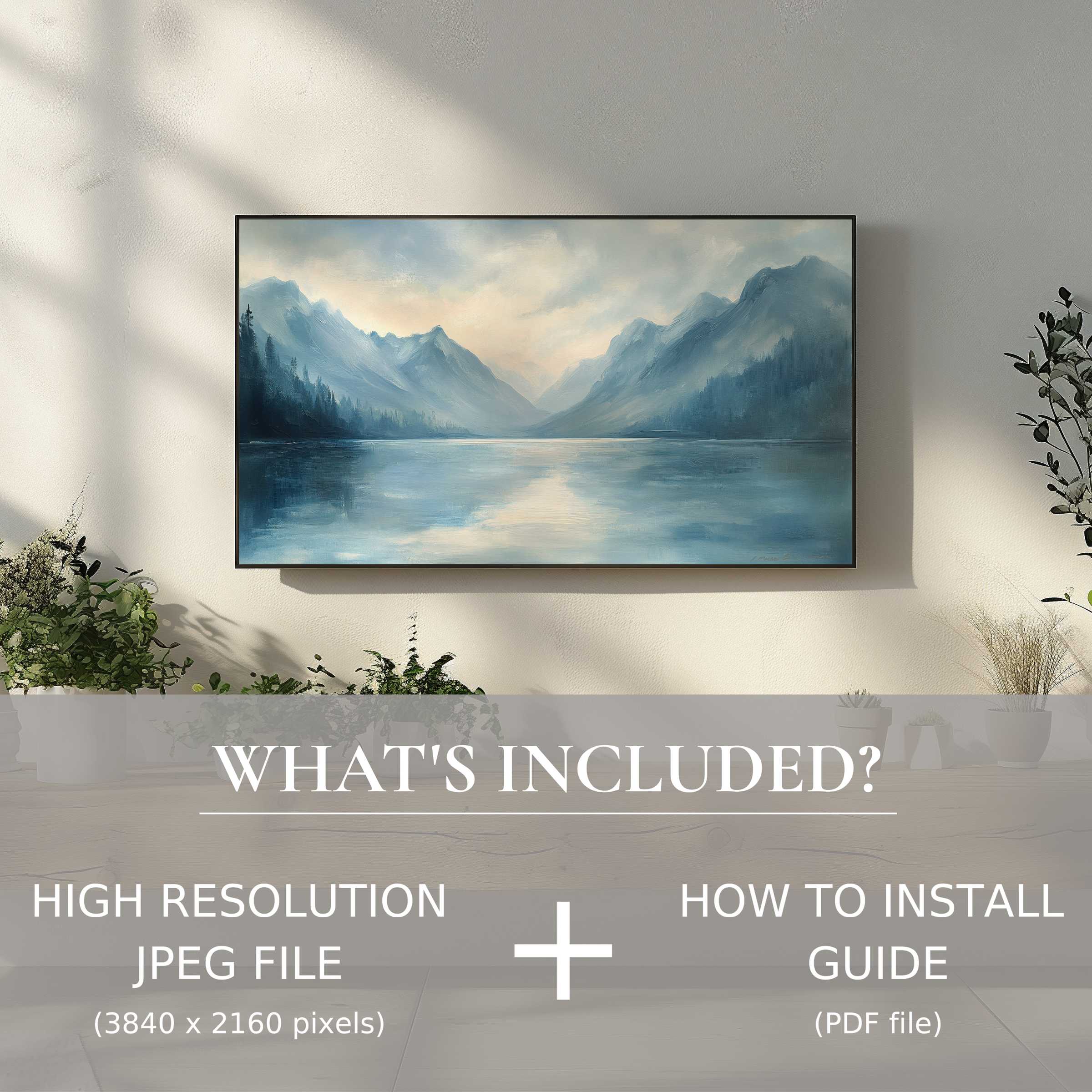 Elegant landscape digital TV art download enhancing living spaces with easy digital use, featuring serene mountain lake views