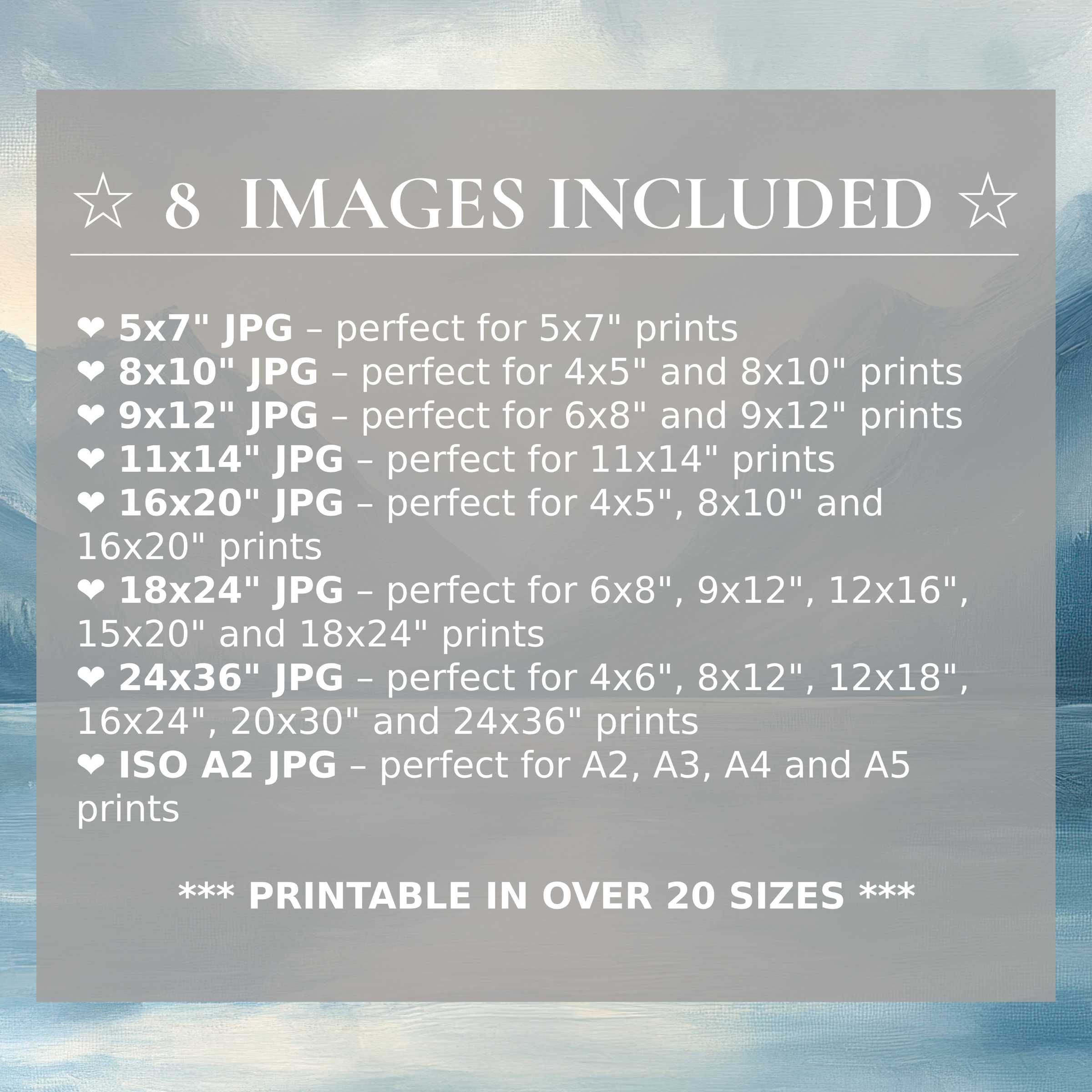 Radiant landscape digital print in soft blues and grays, evoking calm sophistication; includes 8 high-quality sizes to elevate modern interiors with refined style and flexible display options