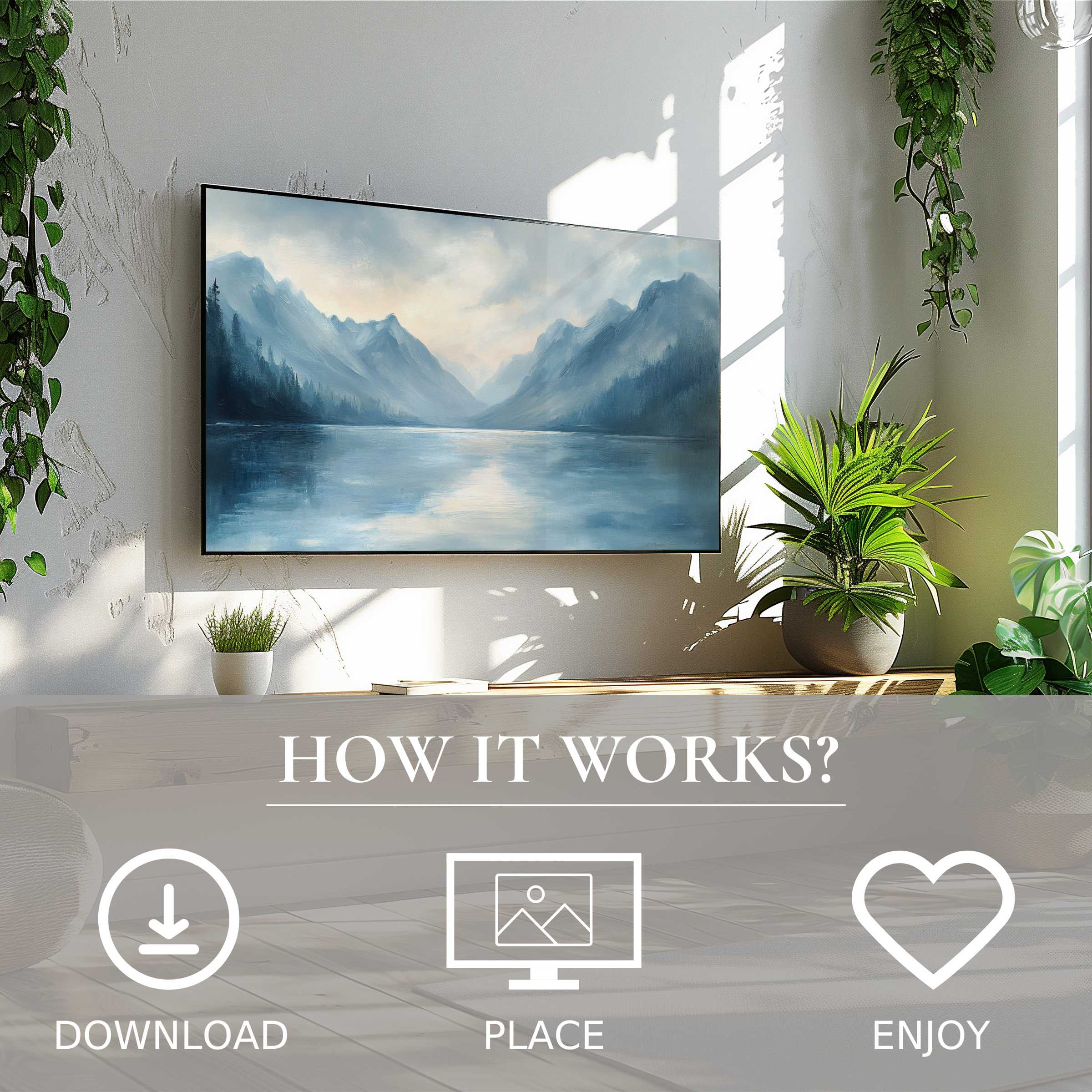 Modern living room with landscape art for Samsung TV, featuring serene blue mountain tones, easy digital download