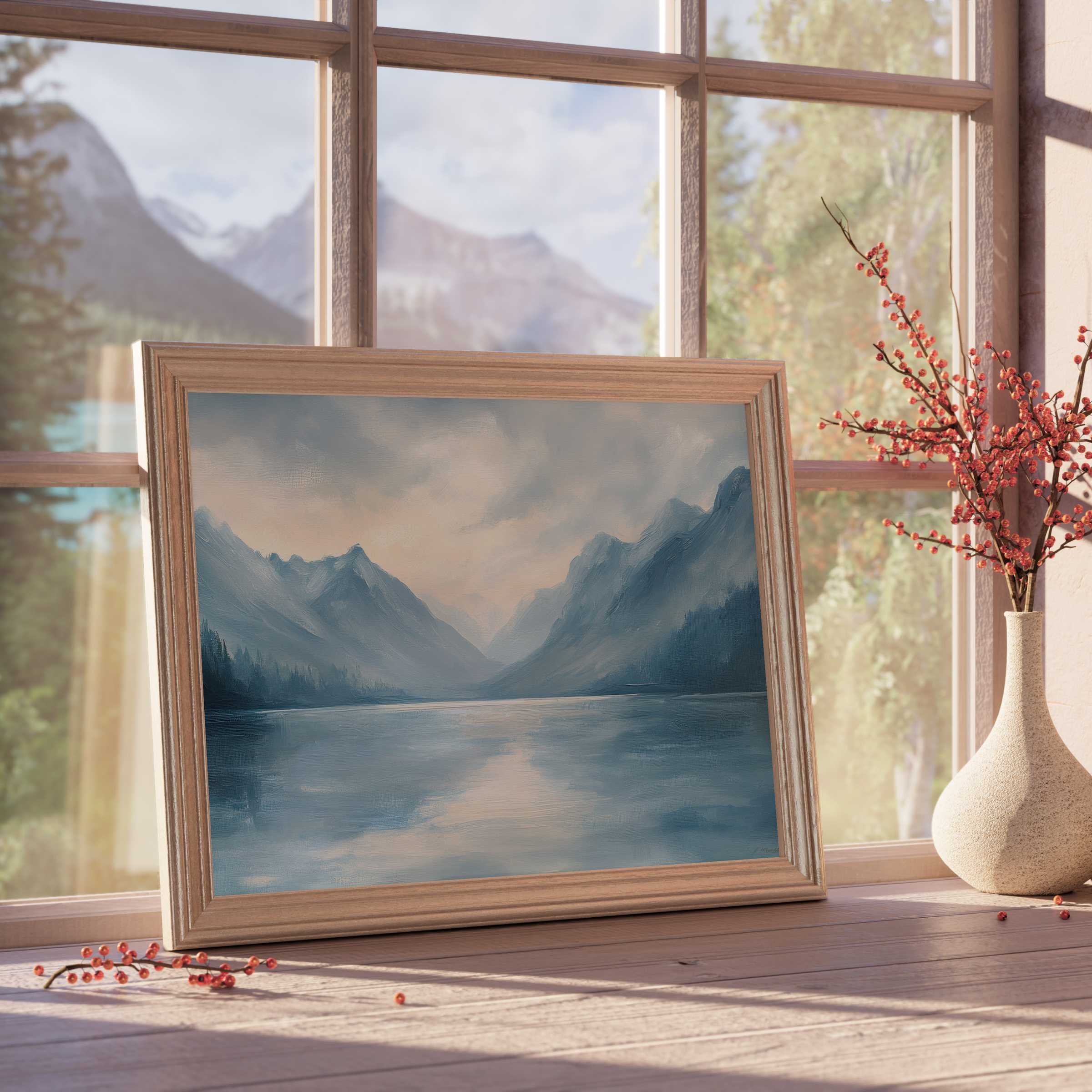 Elegant landscape downloadable art capturing serene mountain reflections with soft light, perfect for curated, tranquil interiors