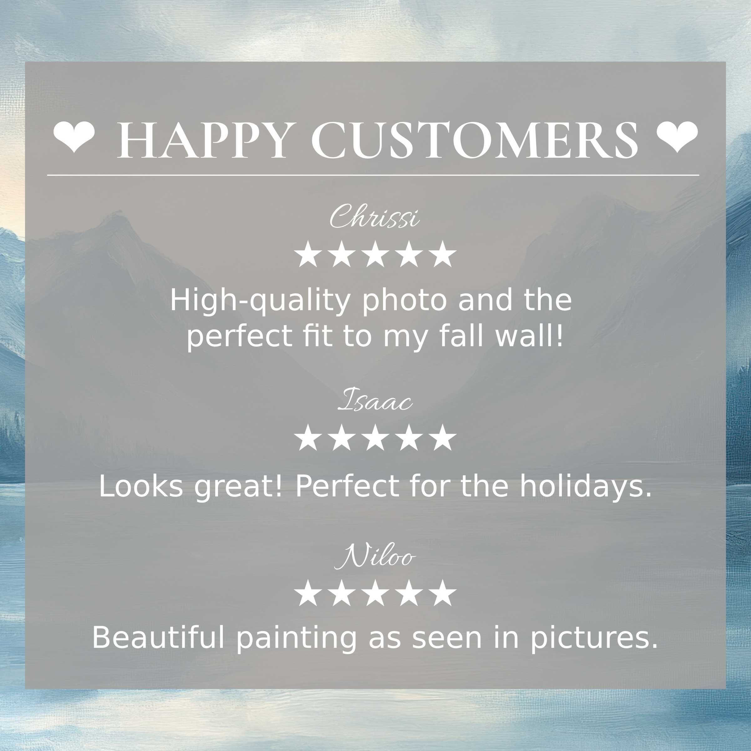Elegant landscape art for Frame TV with serene mountain hues; layout inspires trust via glowing reviews from a happy customer