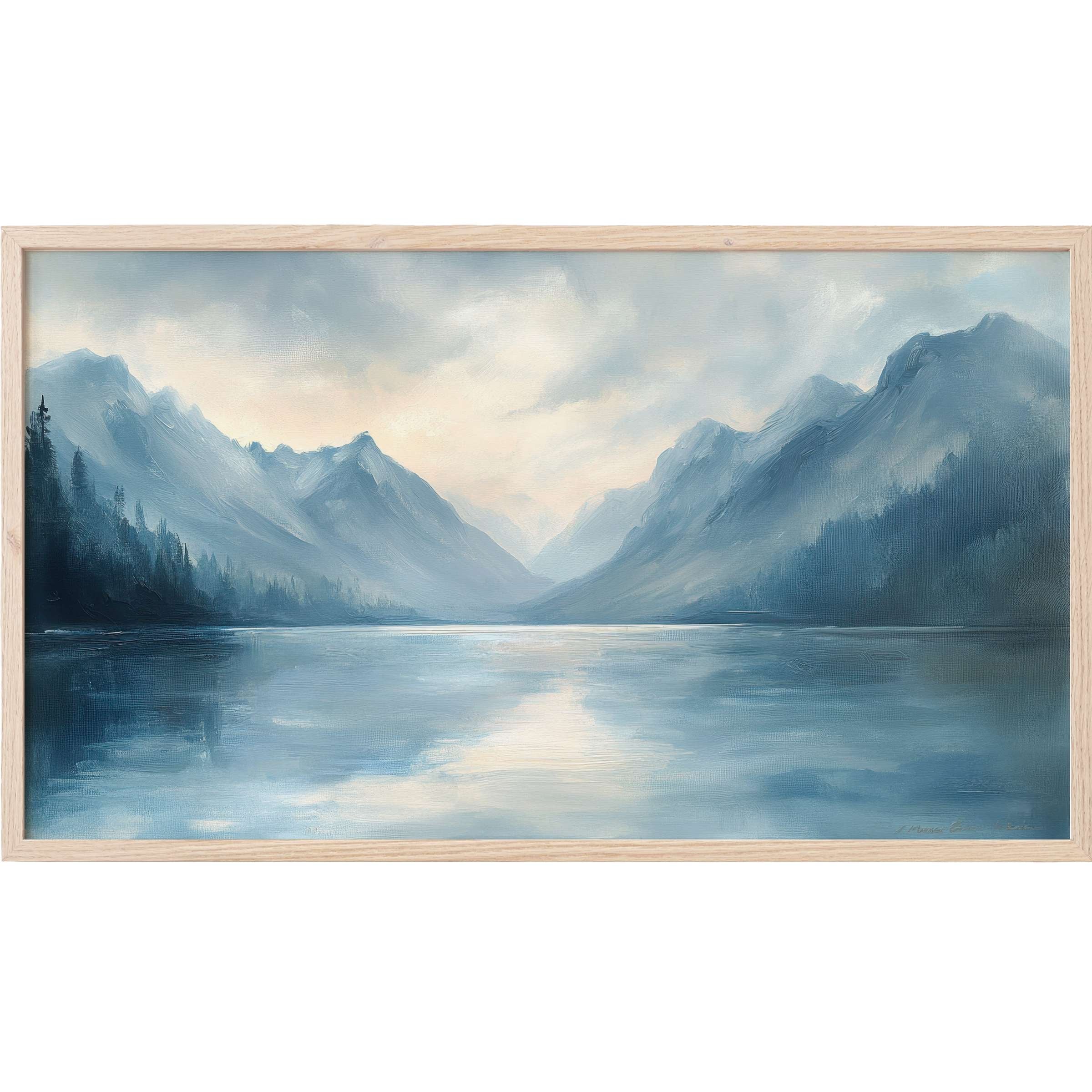 Serene mountain lake scene in muted blues and grays with soft light, a refined landscape Frame TV Art