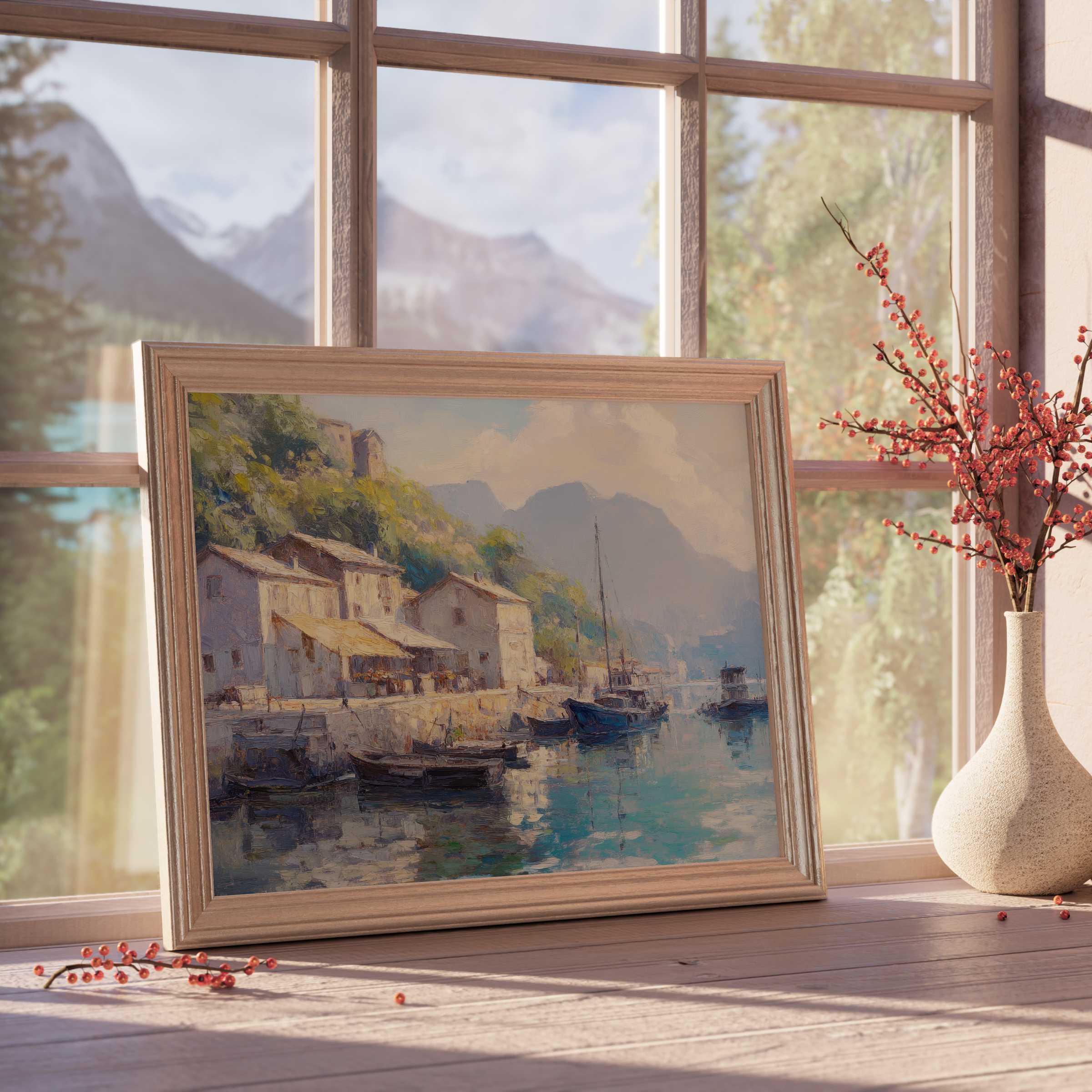 Vintage downloadable art capturing a serene coastal village at dawn, enhancing curated, tranquil interiors with timeless charm