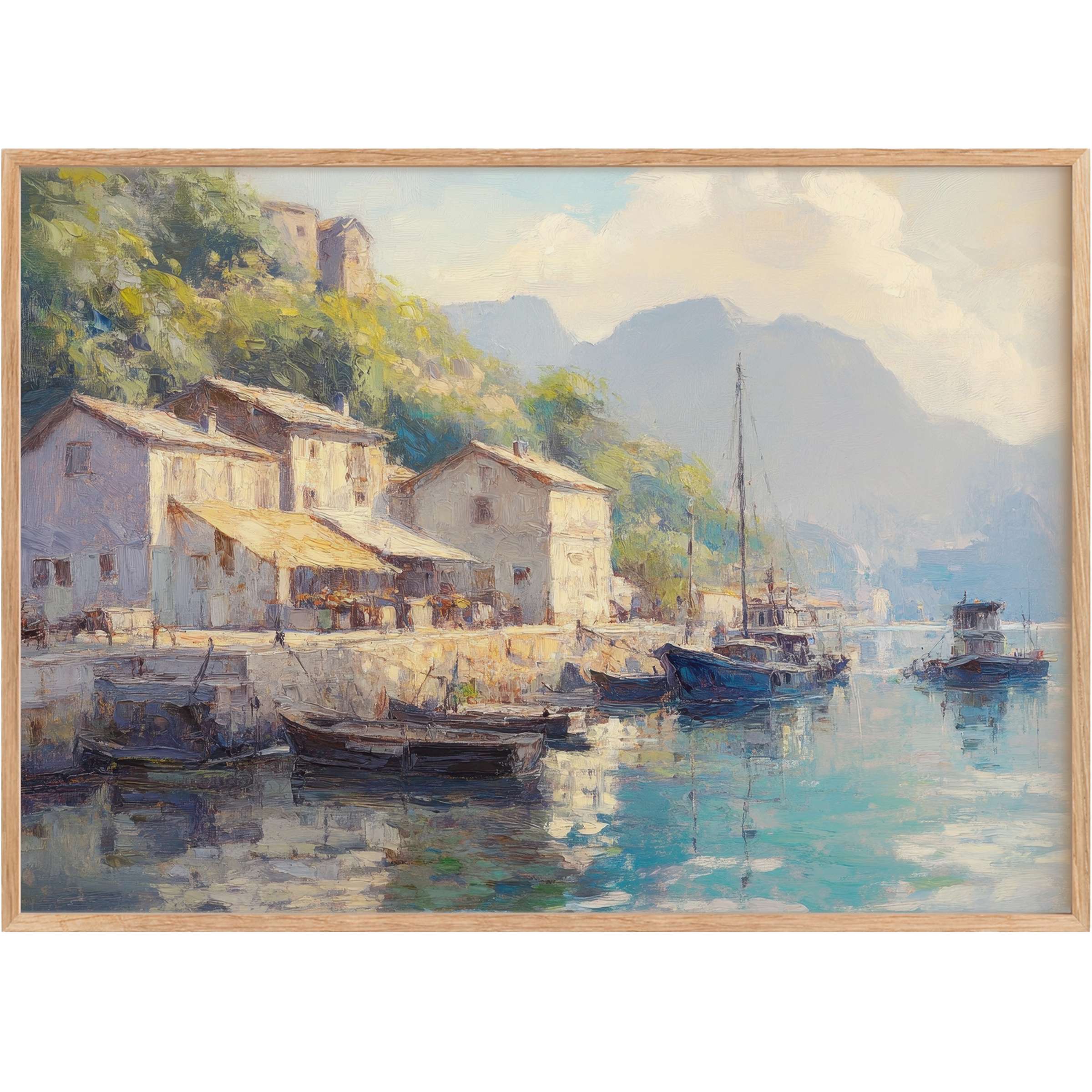 Vintage printable wall art capturing a serene harbor scene with soft blues and warm earth tones, evoking a tranquil, timeless elegance