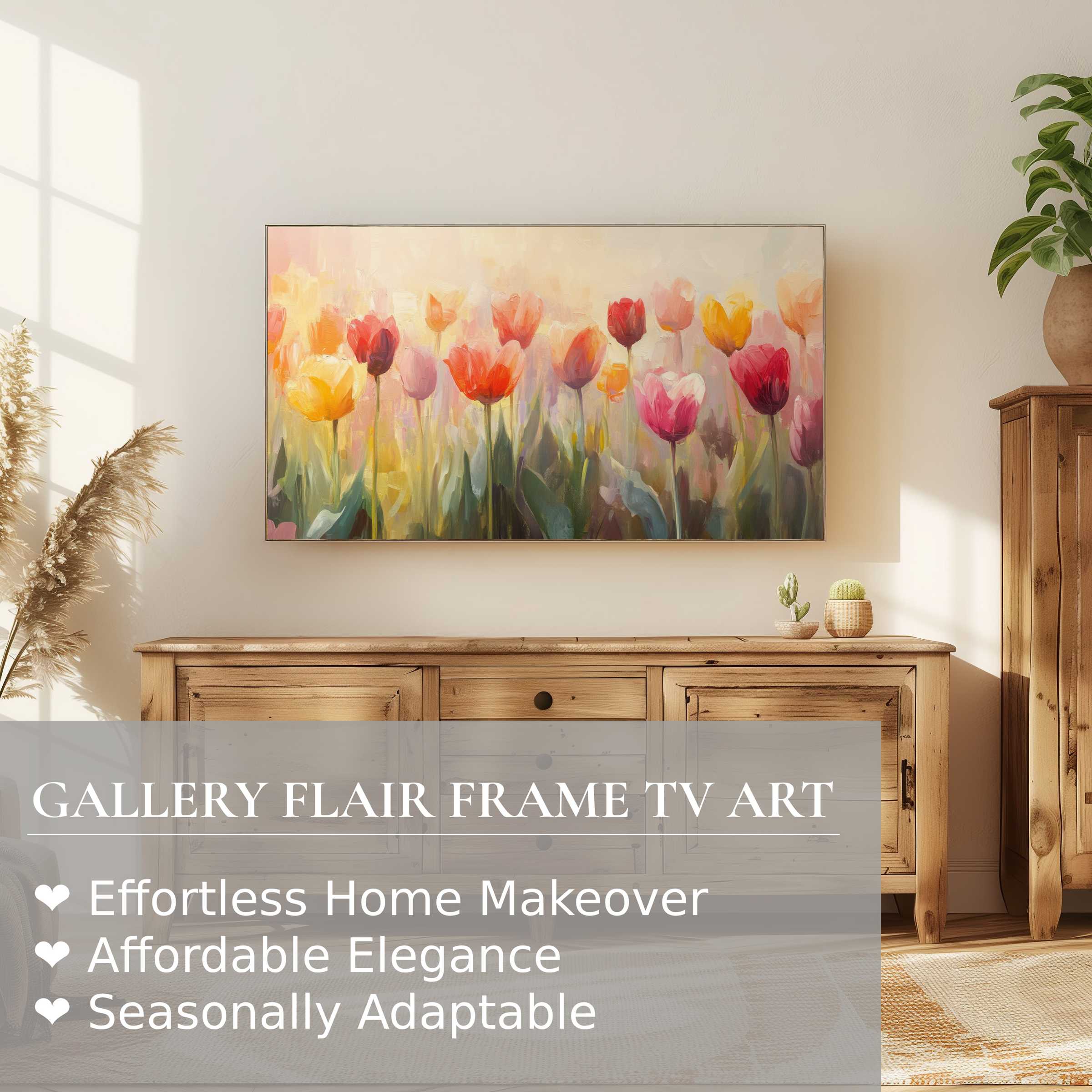 Modern living room with Samsung Frame TV displaying vibrant botanical digital artwork, enhancing elegant home decor
