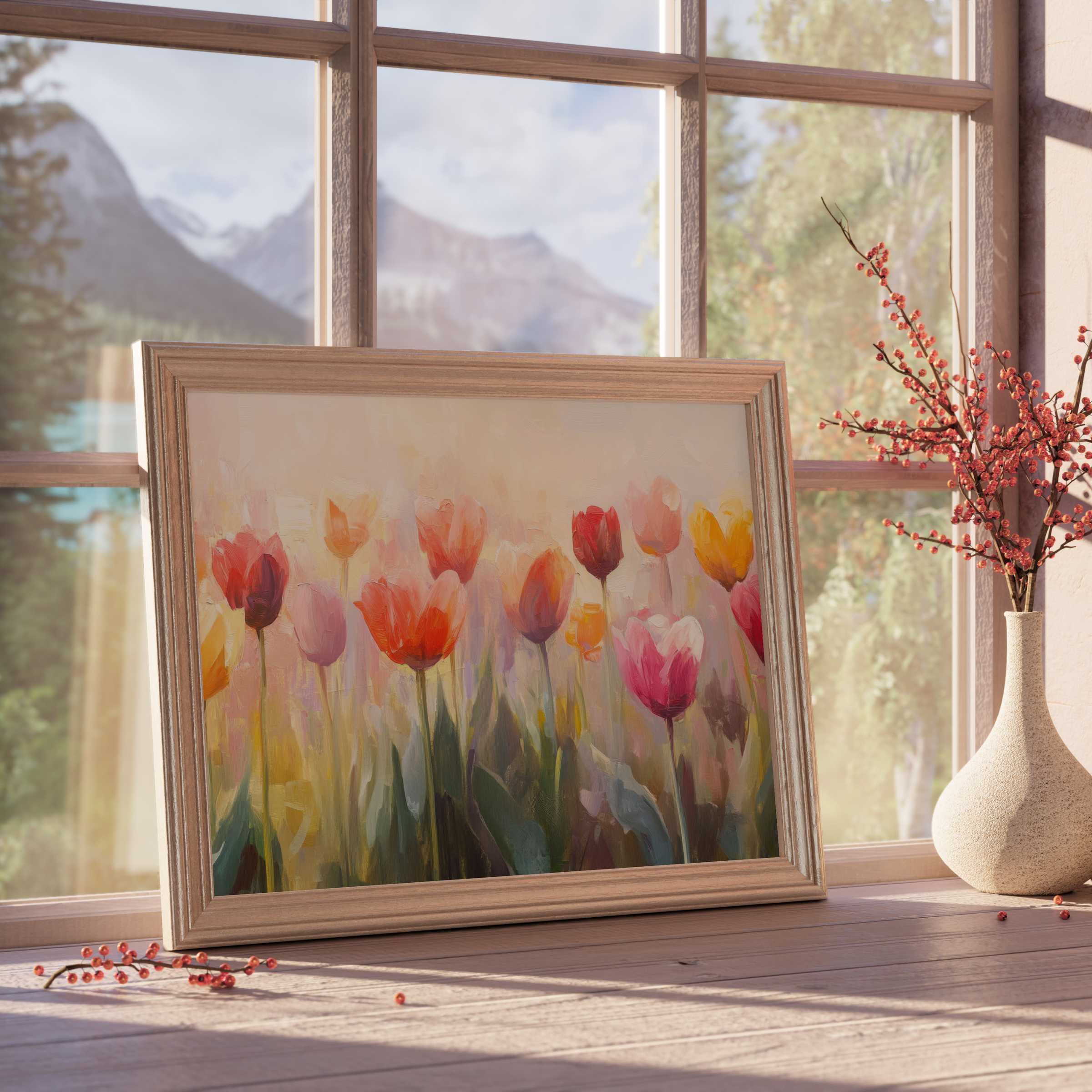 Botanical downloadable art featuring vibrant tulips in soft sunlight, elevating serene, design-forward interiors with natural elegance