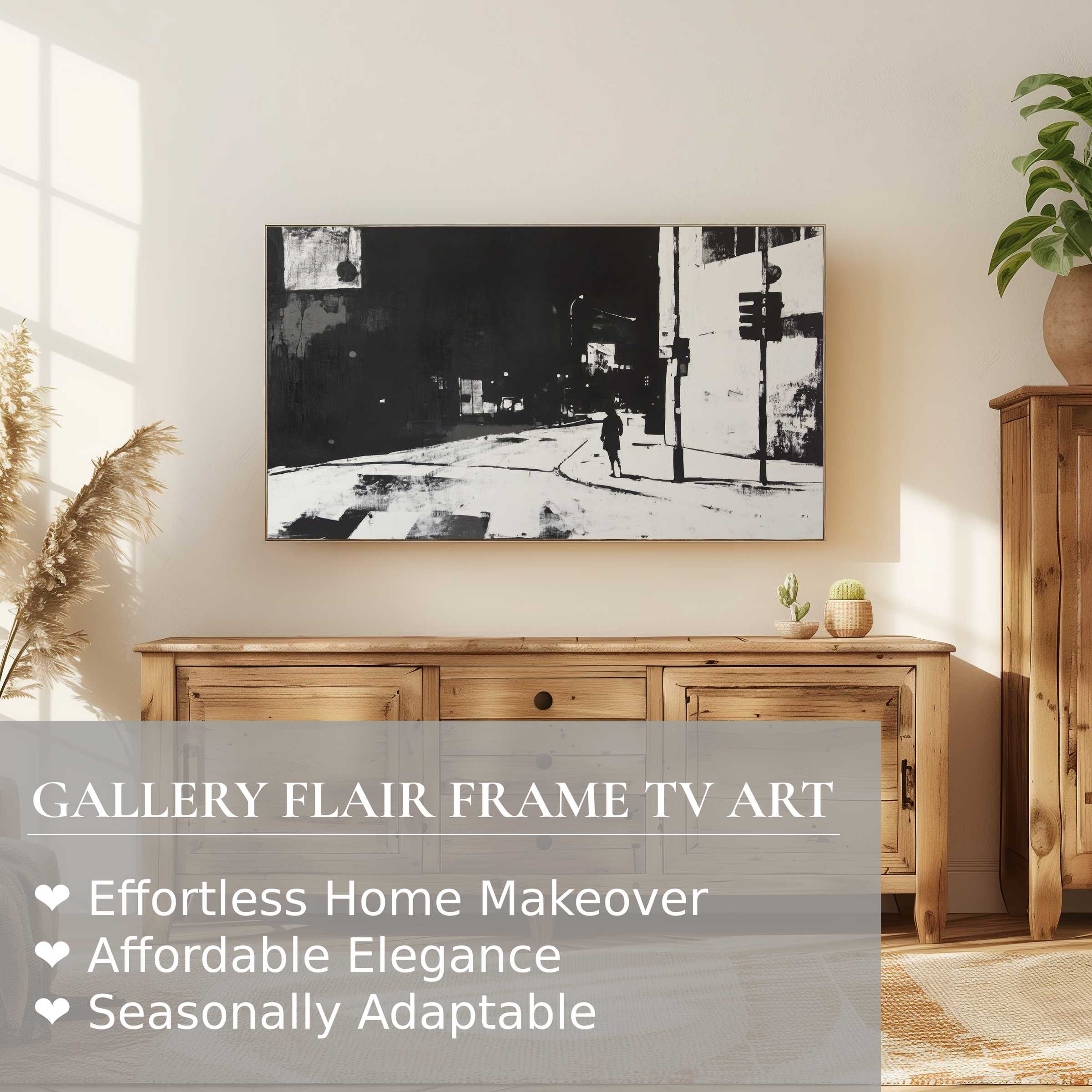 Minimalist black-and-white street art digital artwork displayed on Samsung Frame TV in a warm, modern living room