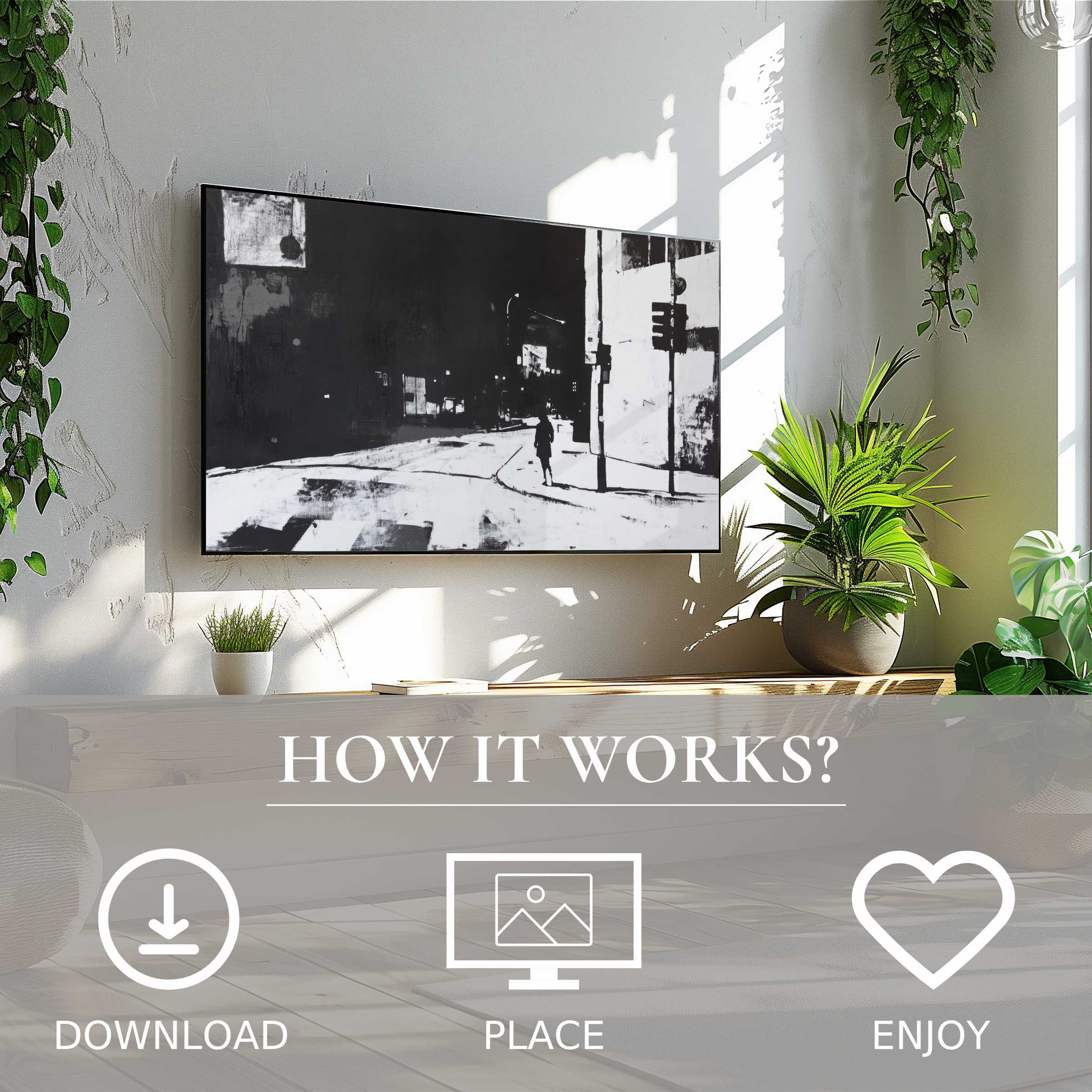 Modern living room with easy digital download; street art for Samsung TV shows bold black-and-white urban motif