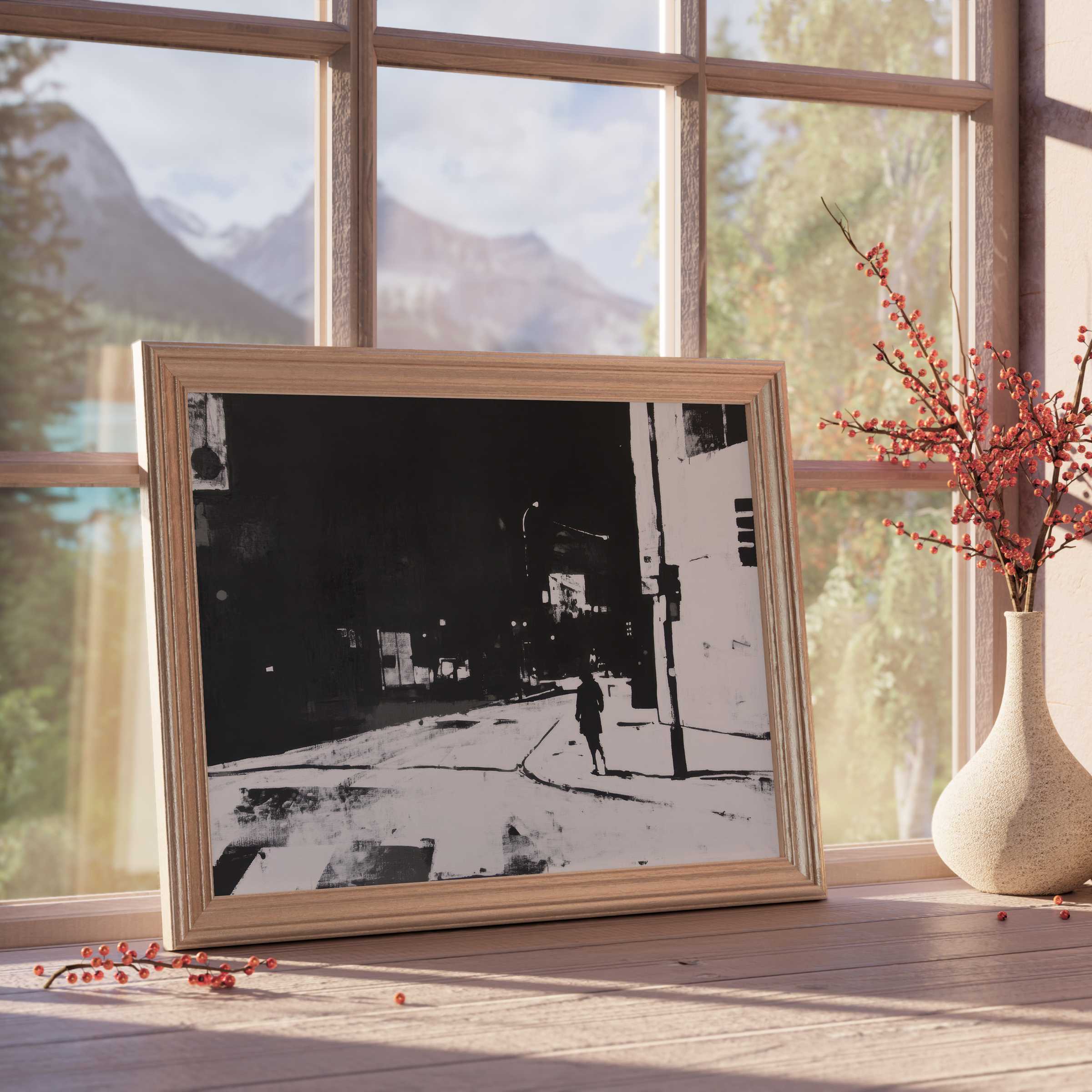 Street art downloadable art with moody monochrome cityscape, enriching serene, curated interiors with design-forward urban elegance