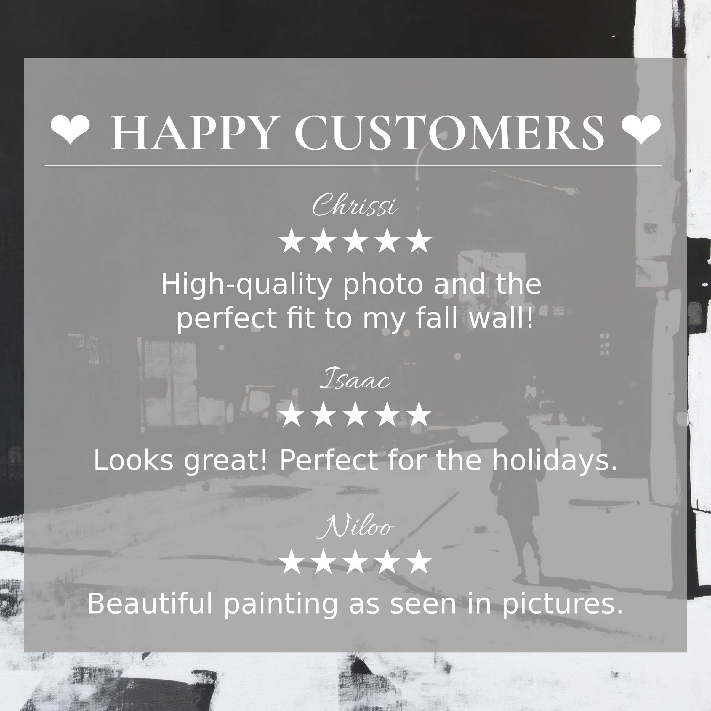 Modern street art for Frame TV with monochrome urban backdrop, showcasing happy customer reviews to inspire trust and elegance