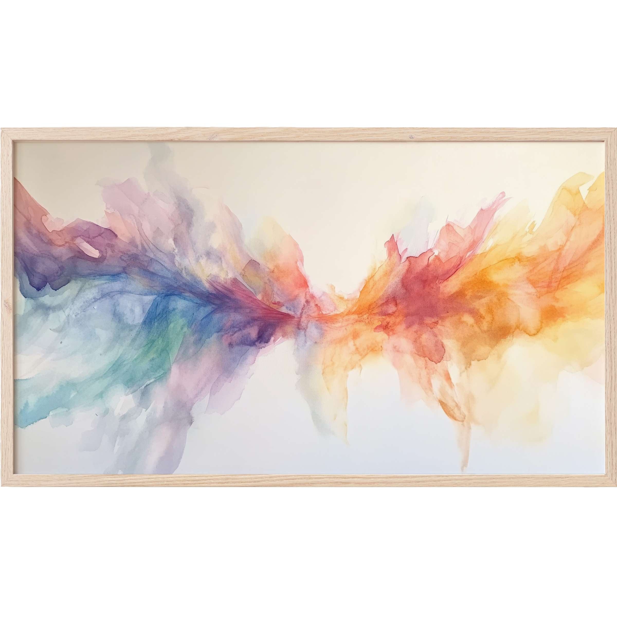Abstract watercolor blend in warm oranges and cool blues, framed in light wood for modern Frame TV Art elegance