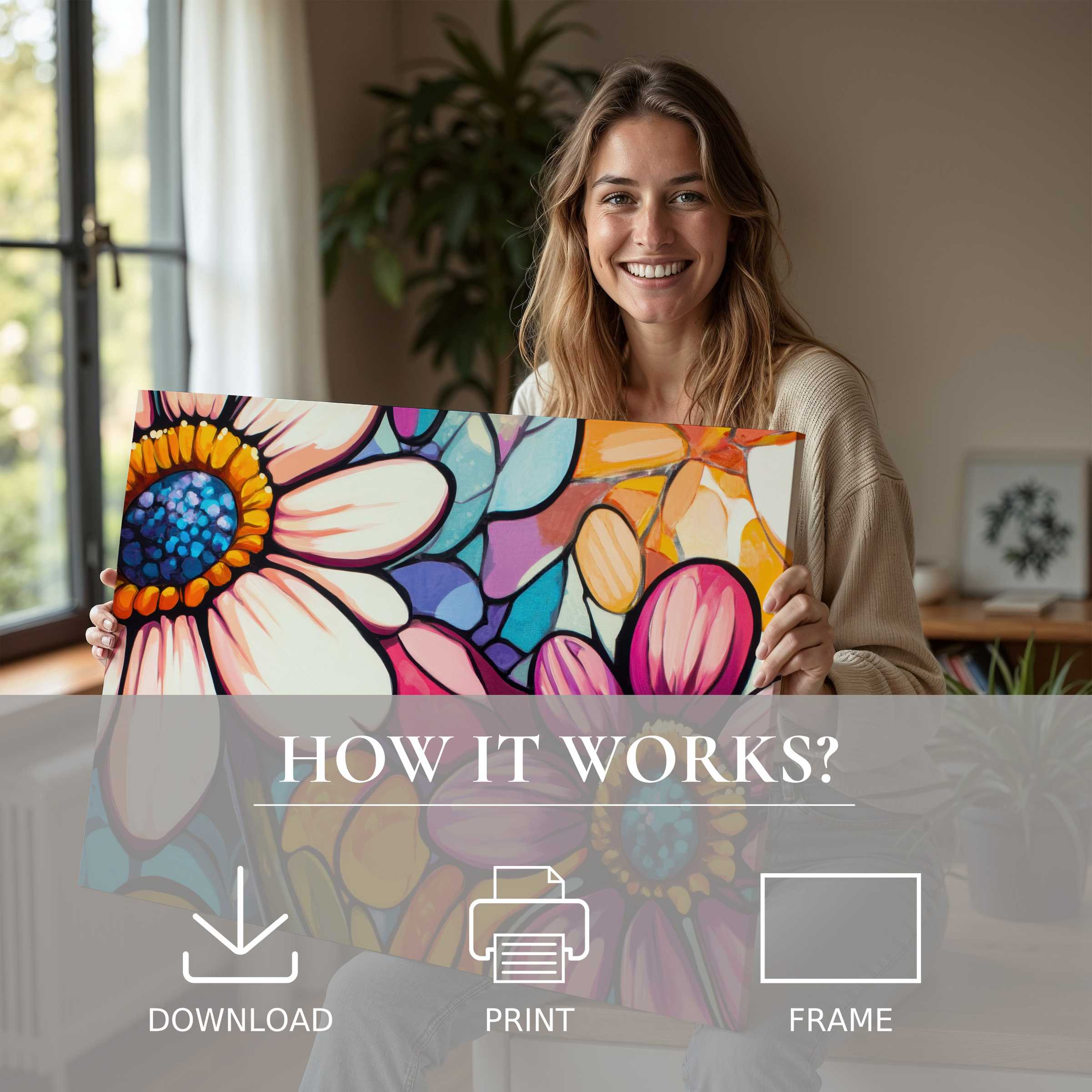 Radiant pop art digital art print brightens a modern home, embodying joy and effortless elegance in every vibrant detail