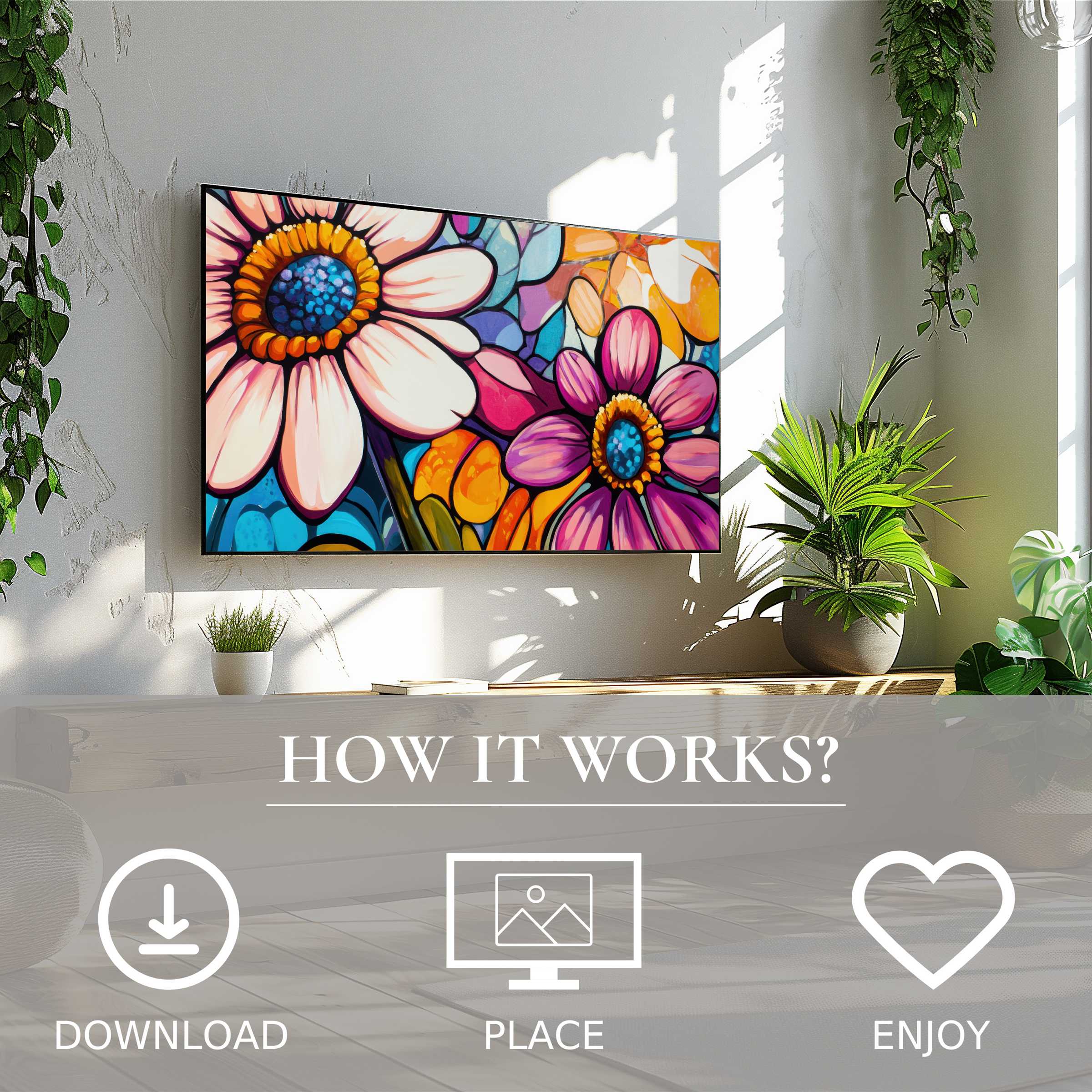 Pop art art for Samsung TV, digital download showing vibrant floral motif enriching modern living space