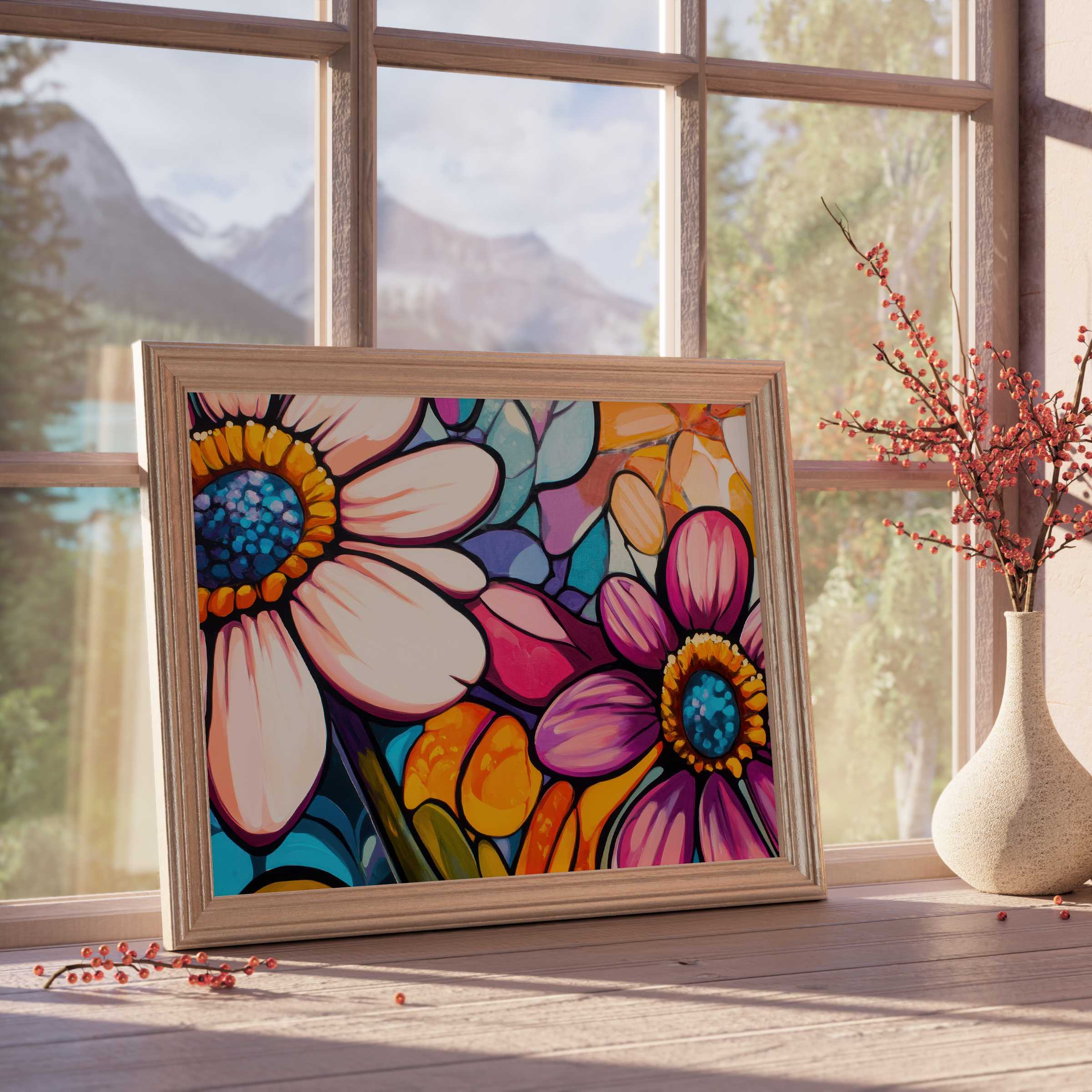 Vibrant pop art downloadable art featuring bold, colorful florals that enliven curated, tranquil interiors with playful elegance
