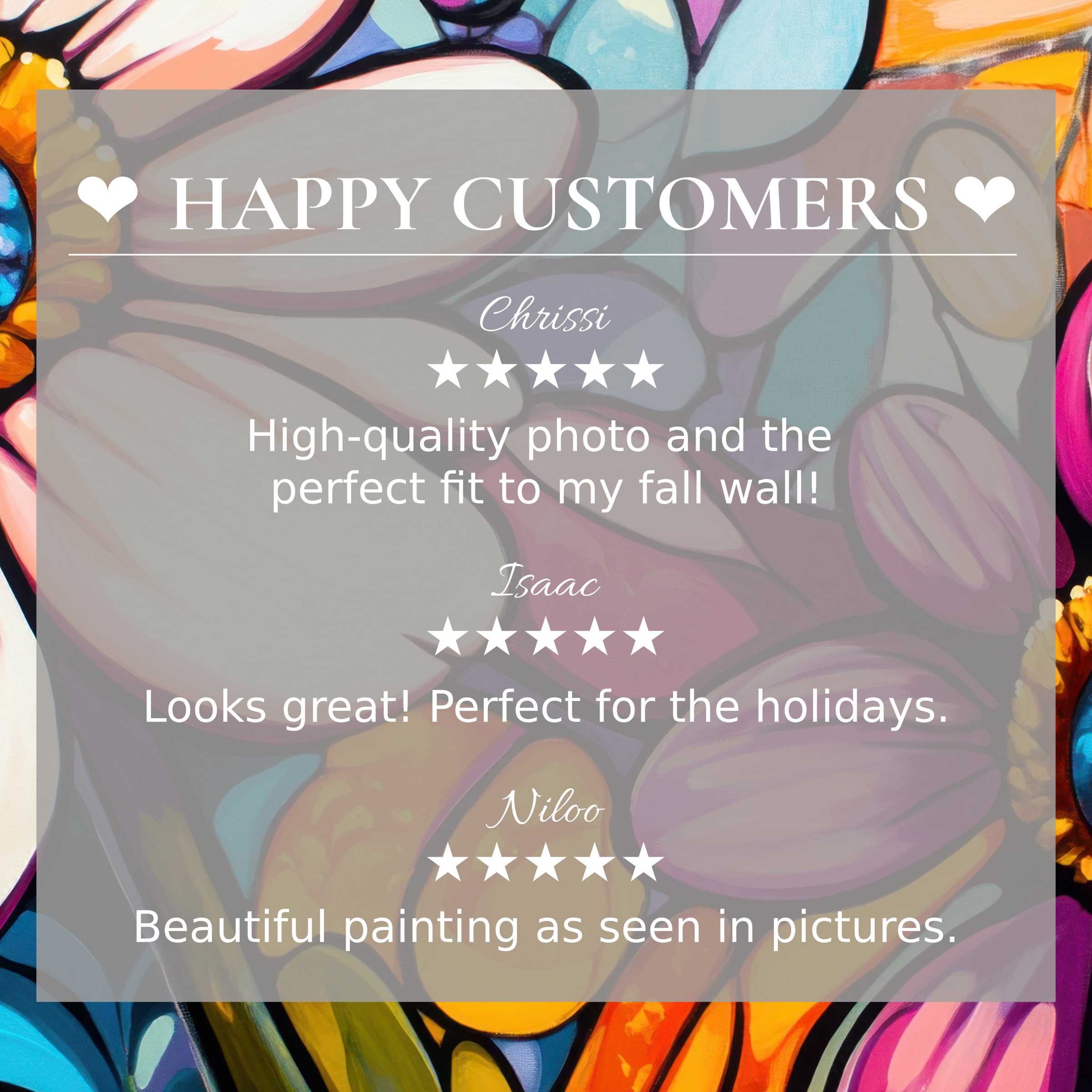 Pop art for Frame TV with vibrant abstract floral hues, showcasing happy customer reviews and elegant product trust