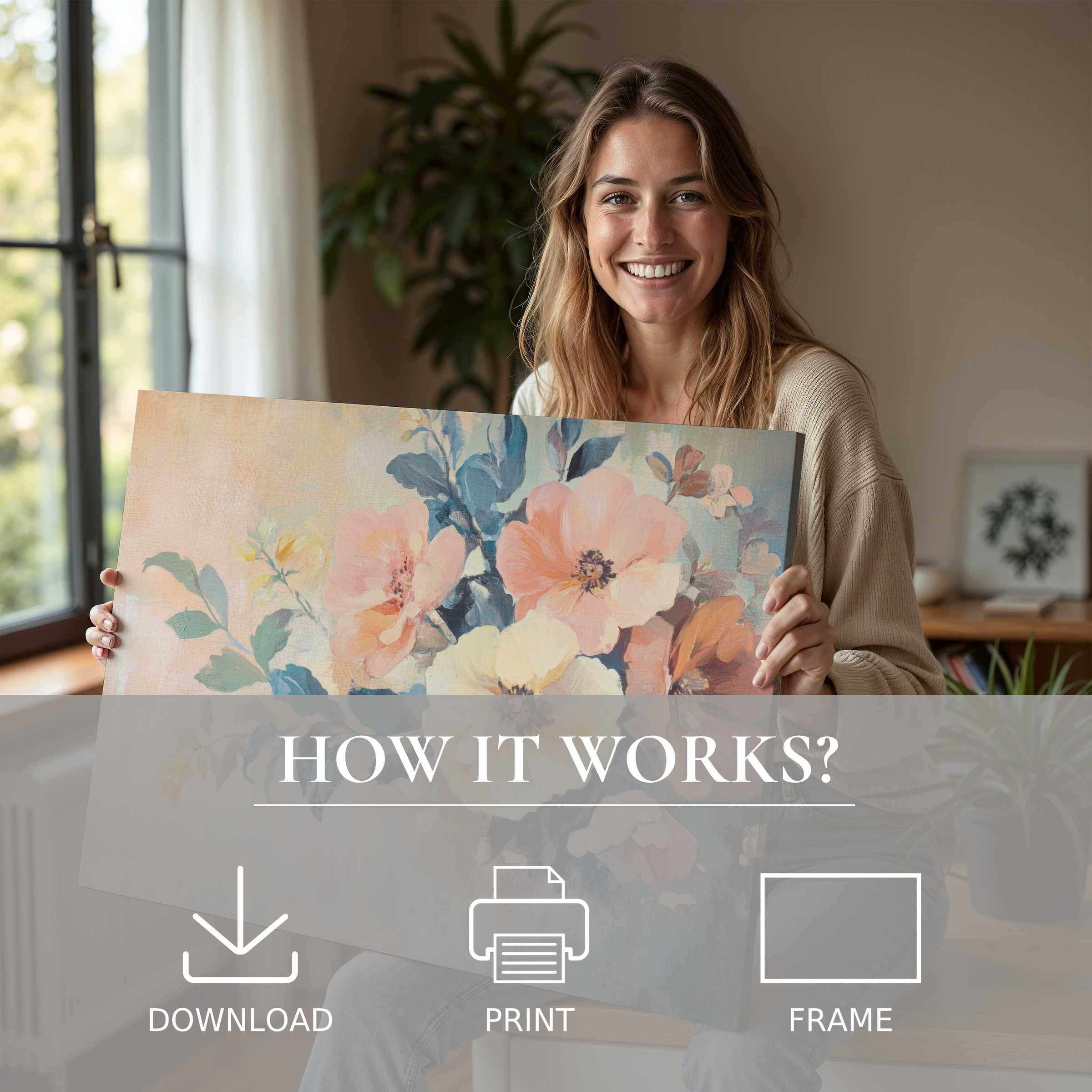 Refined floral digital art print glowing with soft peach and blue hues, evoking joy and serenity in a modern home setting