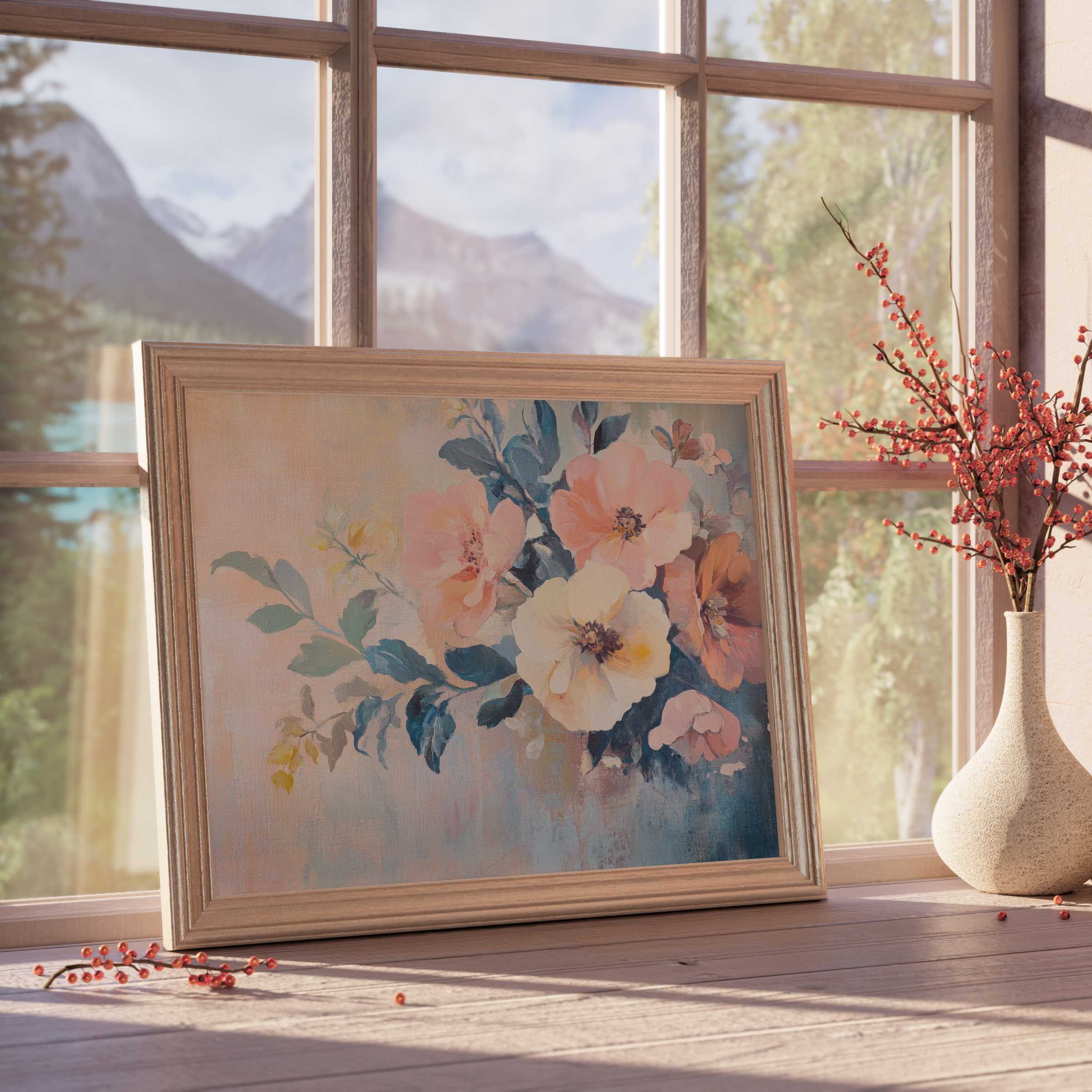 Elegant floral downloadable art featuring soft peaches and blues, infusing serene charm into curated, tranquil interiors