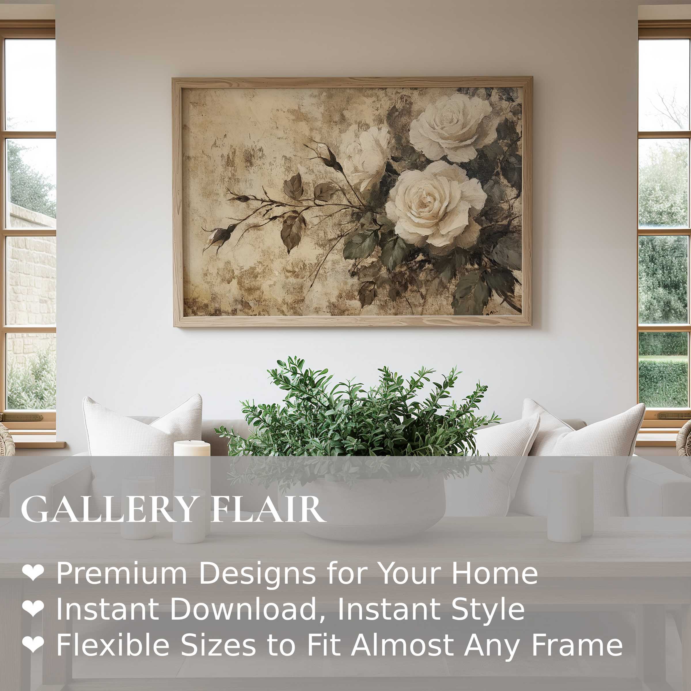 Elegant spring wall art print featuring soft ivory roses with vintage charm, enriching modern minimalist interiors with timeless botanical grace
