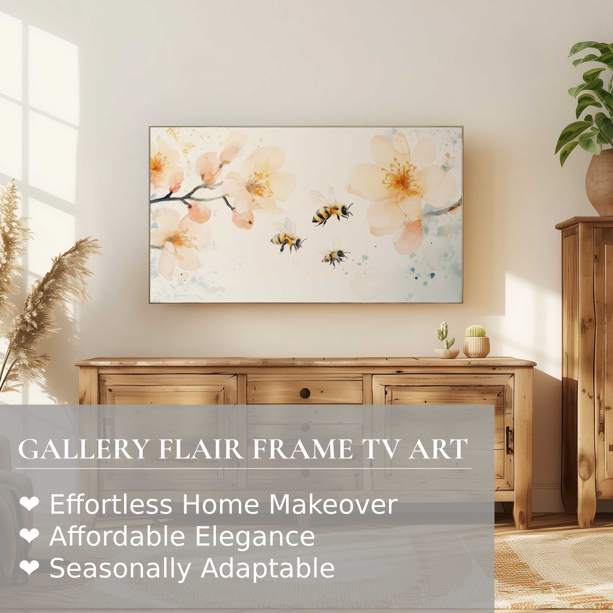 Modern Samsung Frame TV in warm nursery digital artwork with delicate bees and blossoms, ideal for elegant home decor