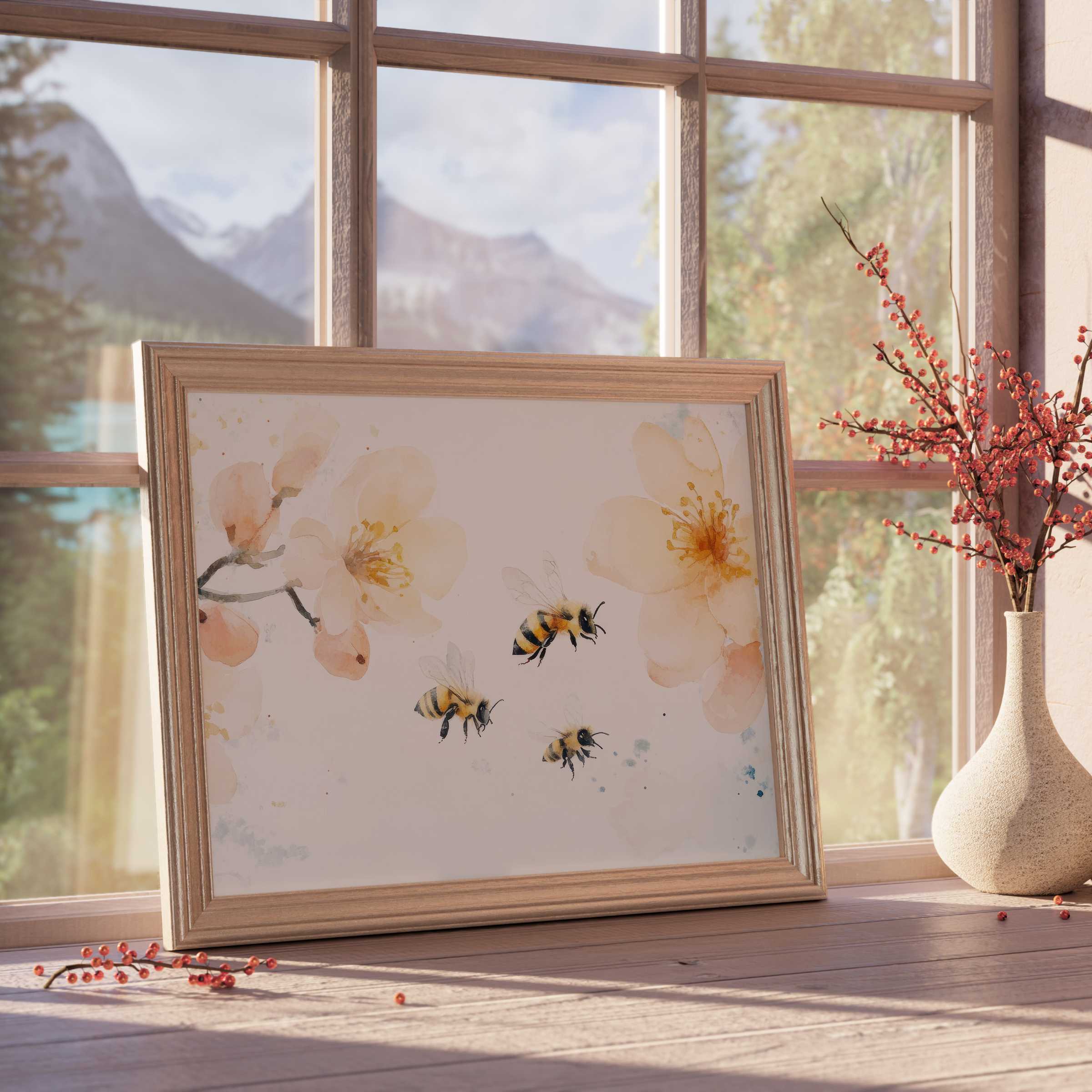 Nursery downloadable art with delicate bees and soft blossoms, evoking calm warmth in curated, tranquil, stylish interiors