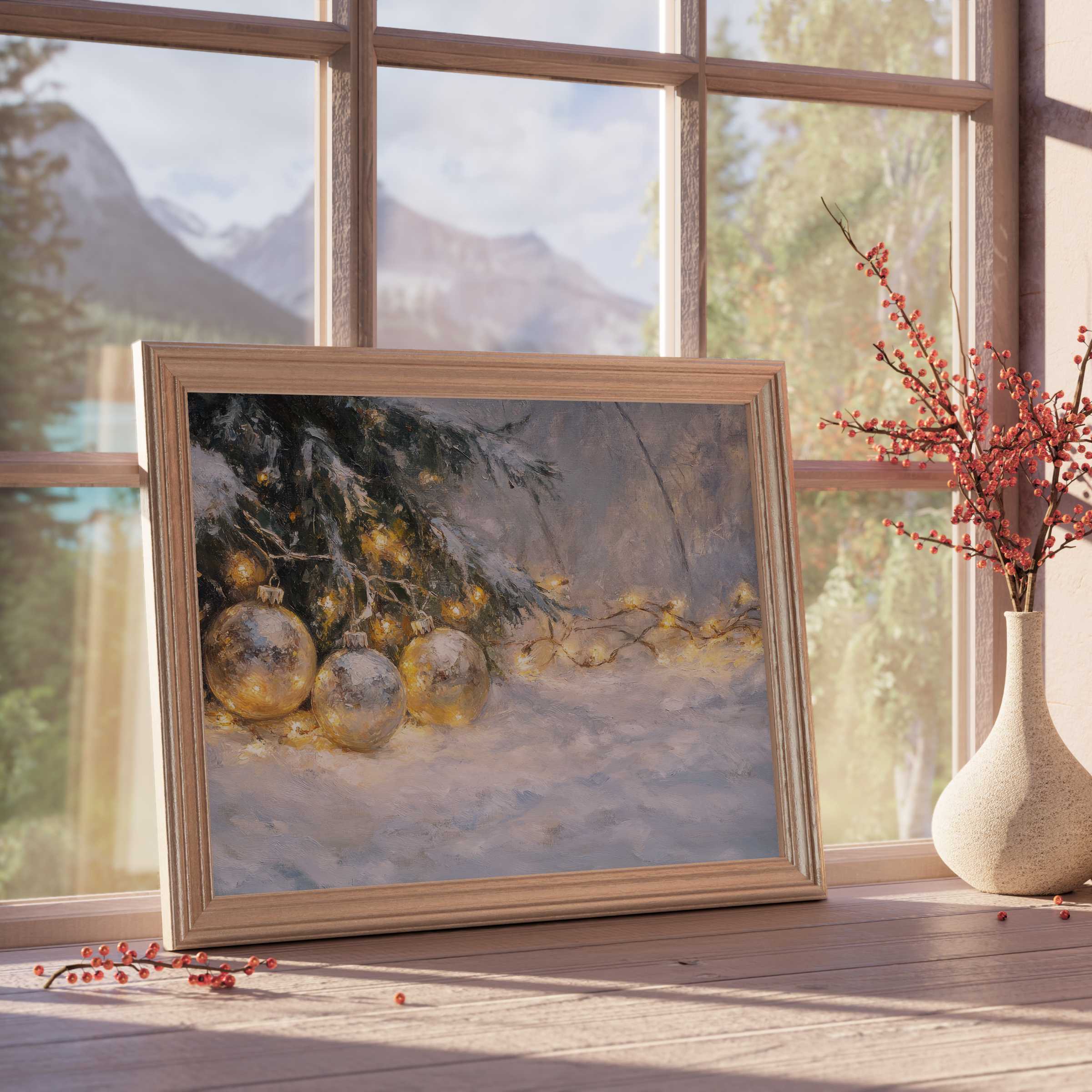 Christmas downloadable art featuring softly glowing baubles and fairy lights nestling in snow, enhancing tranquil, curated interiors with warm, elegant holiday charm