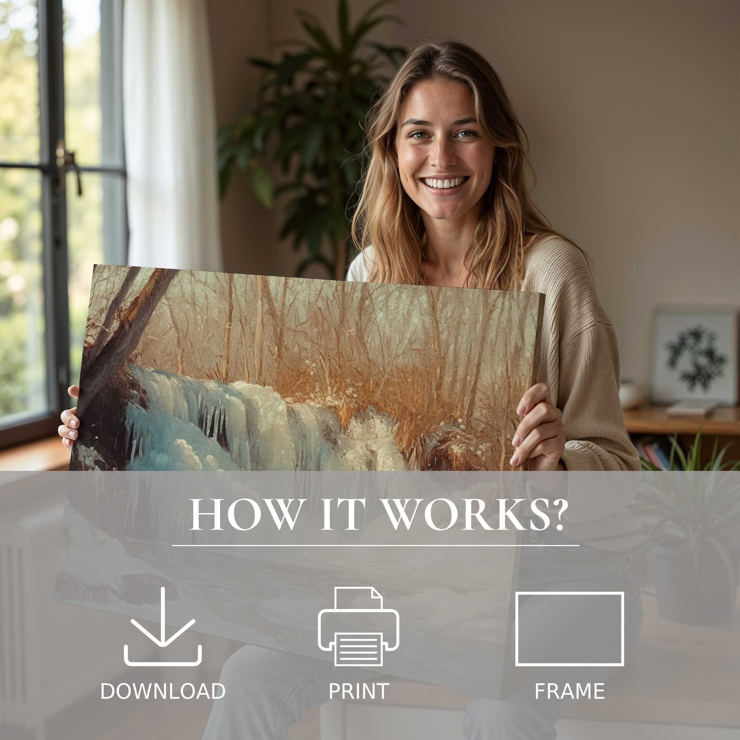 Woman in a sunlit modern home joyfully embracing a winter digital art print, embodying warmth and effortless elegance