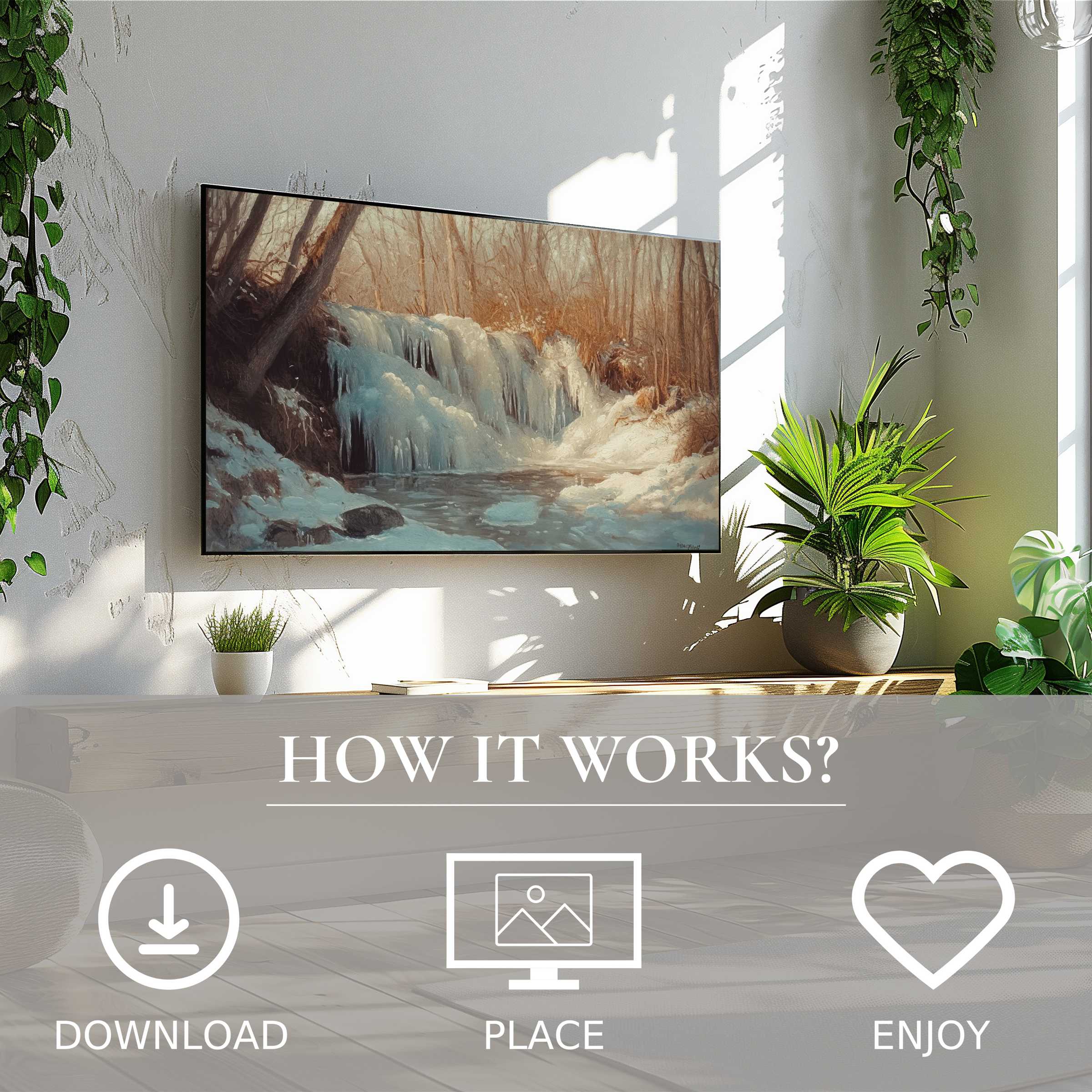 Winter art for Samsung TV shows icy waterfall motif; easy digital download enriches modern living spaces with nature