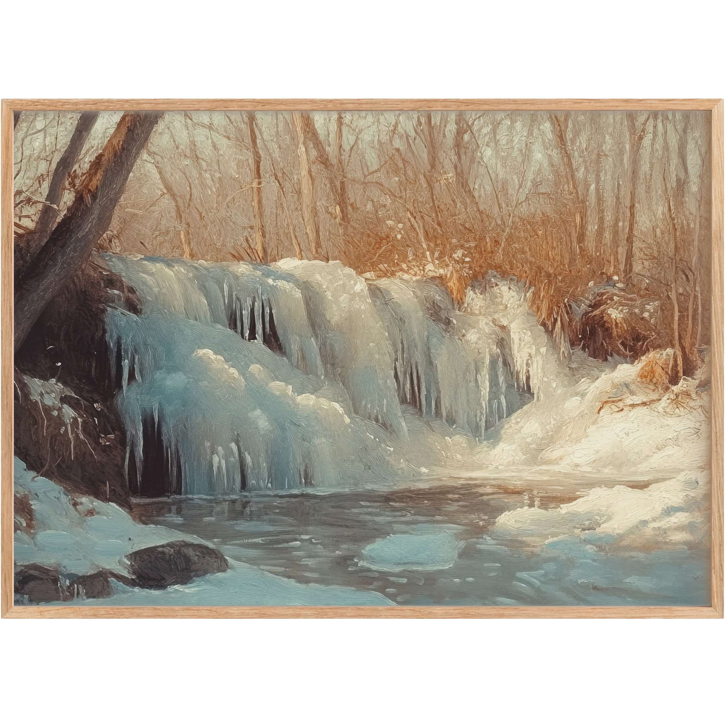 Serene winter printable wall art captures a tranquil icy waterfall in muted blues and warm amber, evoking peaceful, reflective calm